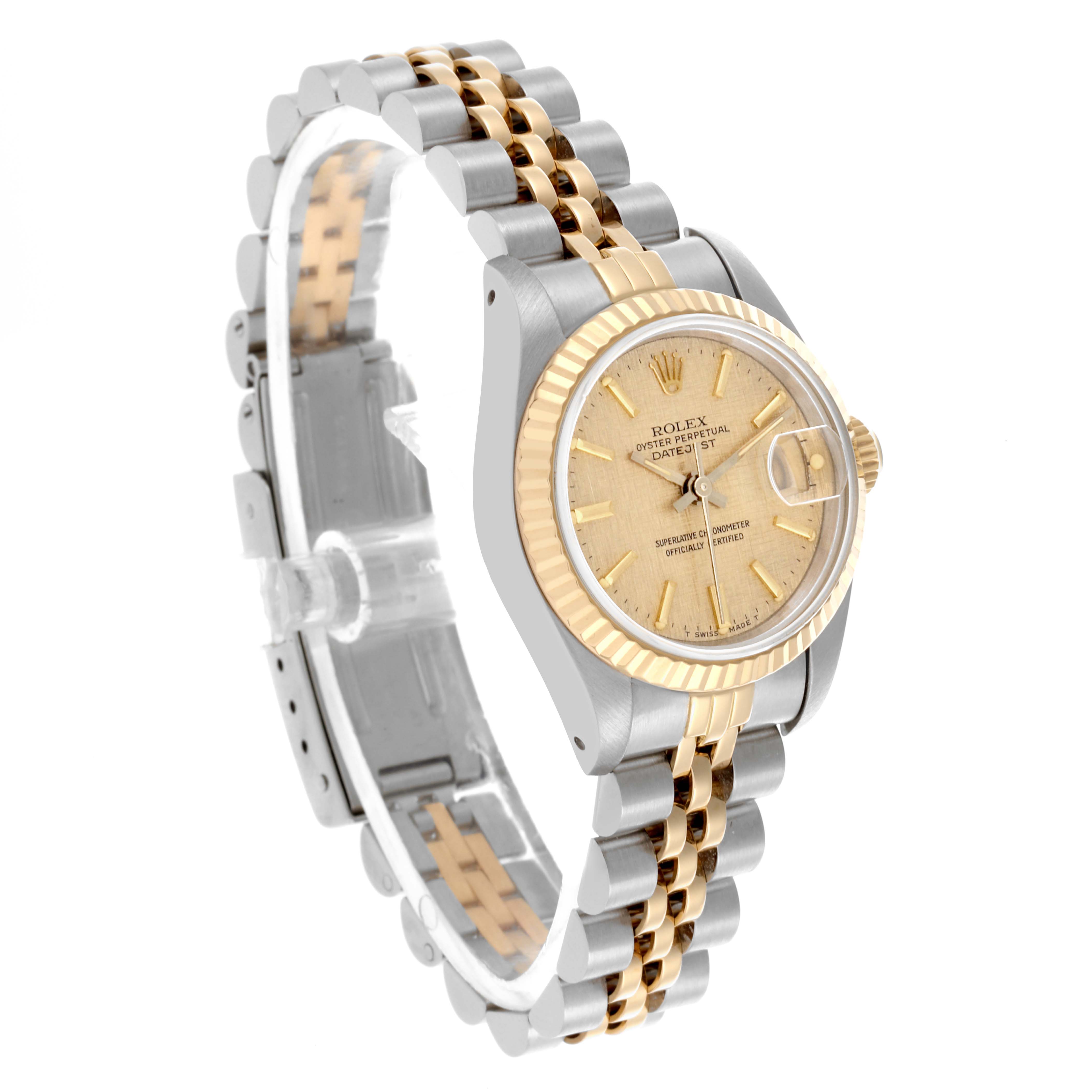 The Rolex Datejust 69173 Women's Steel and Gold (two tone) Champagne Dial 69173 Women's Steel and Gold (two tone) Champagne Dial watch is shown at a three-quarter angle, displaying the dial, bezel, and two-tone bracelet.