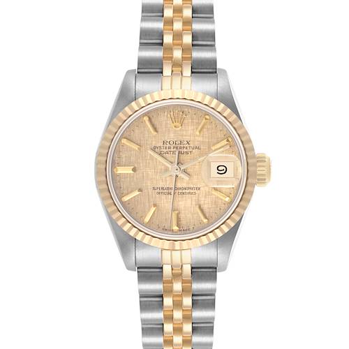 The Rolex Datejust watch is shown from a top-down angle, displaying the dial, bezel, case, bracelet, and crown.