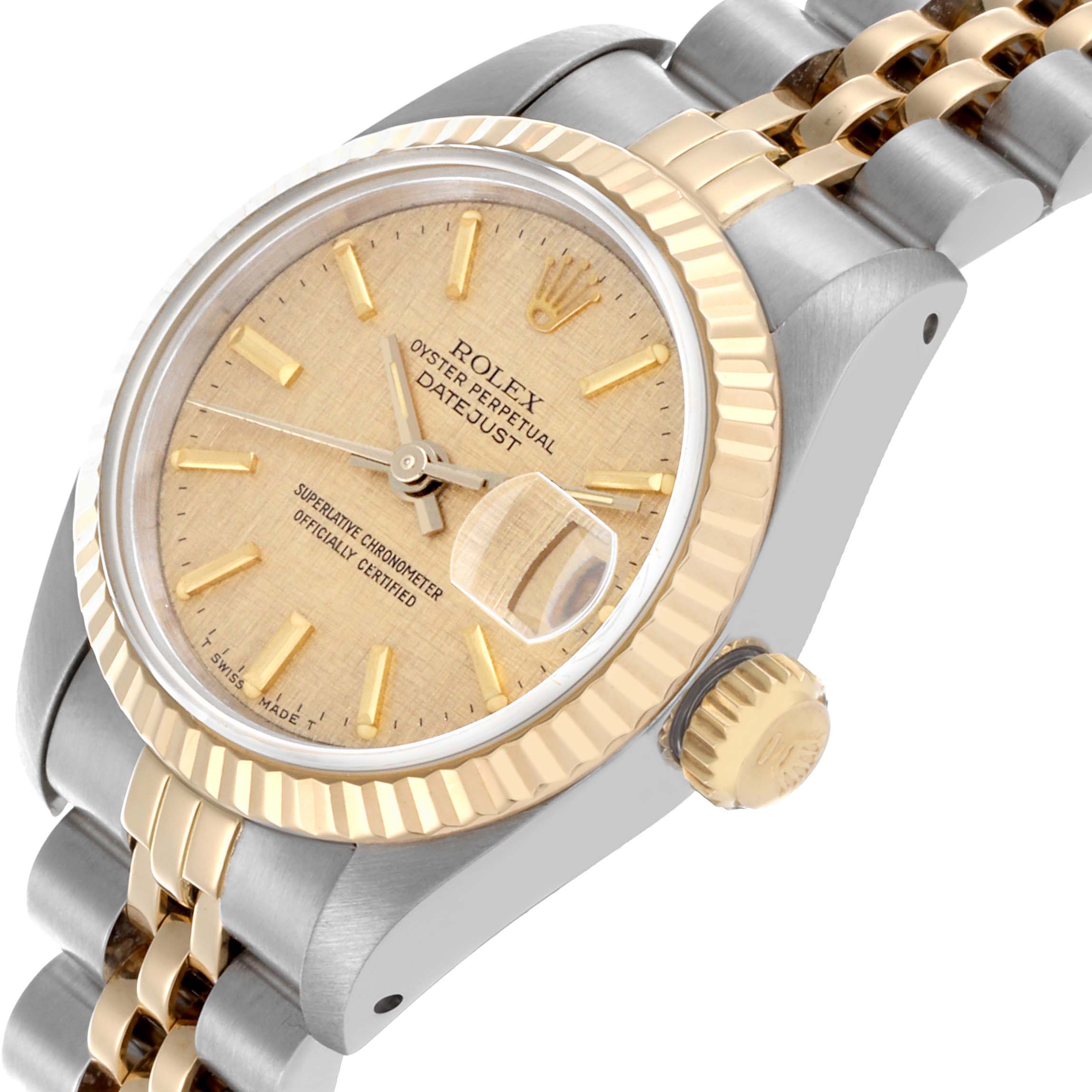 The Rolex Datejust 69173 Women's Steel and Gold (two tone) Champagne Dial 69173 Women's Steel and Gold (two tone) Champagne Dial watch is shown at an oblique angle, highlighting the dial, bezel, crown, and part of the bracelet.