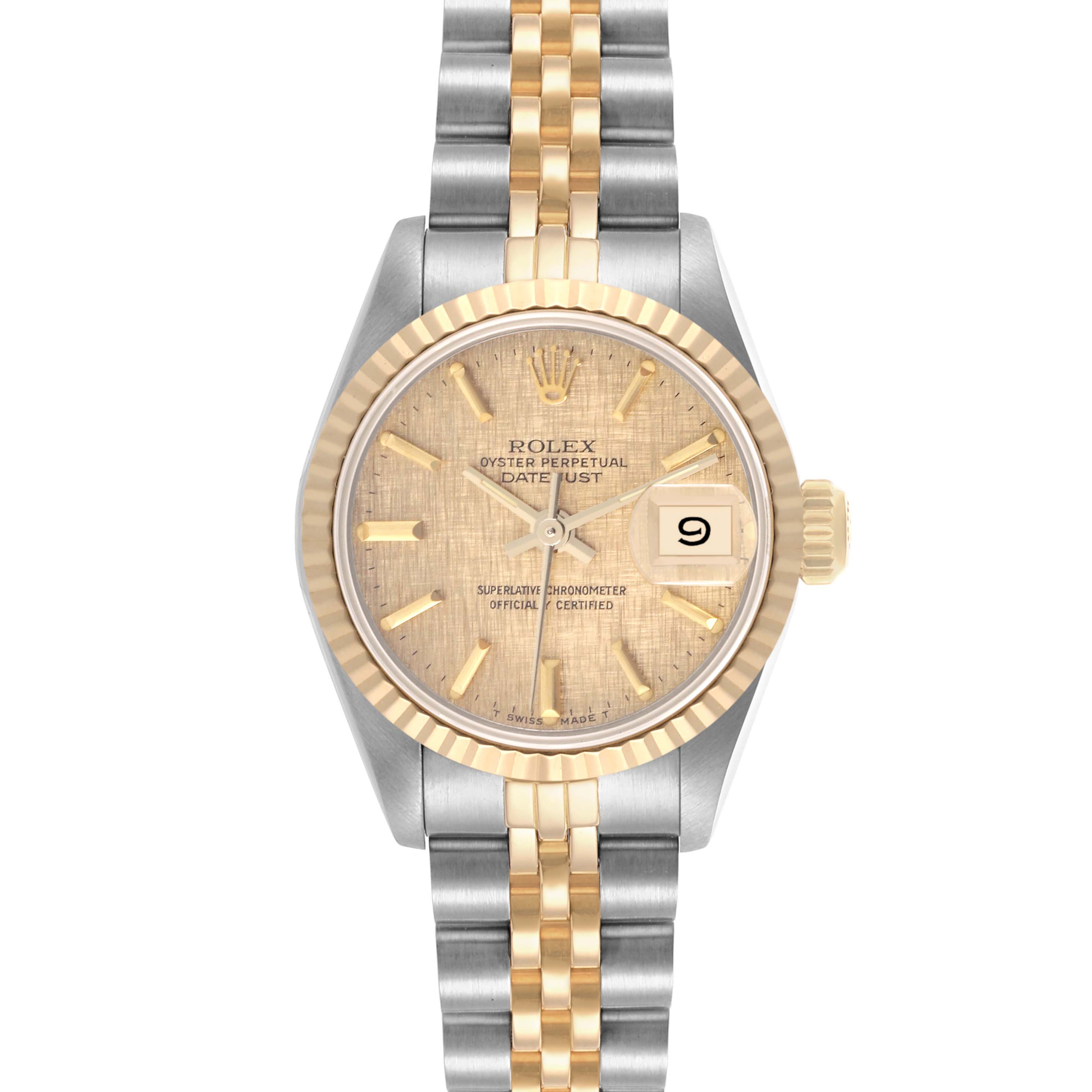 The Rolex Datejust 69173 Women's Steel and Gold (two tone) Champagne Dial 69173 Women's Steel and Gold (two tone) Champagne Dial watch is shown from the front, highlighting the dial, bezel, and two-tone bracelet.