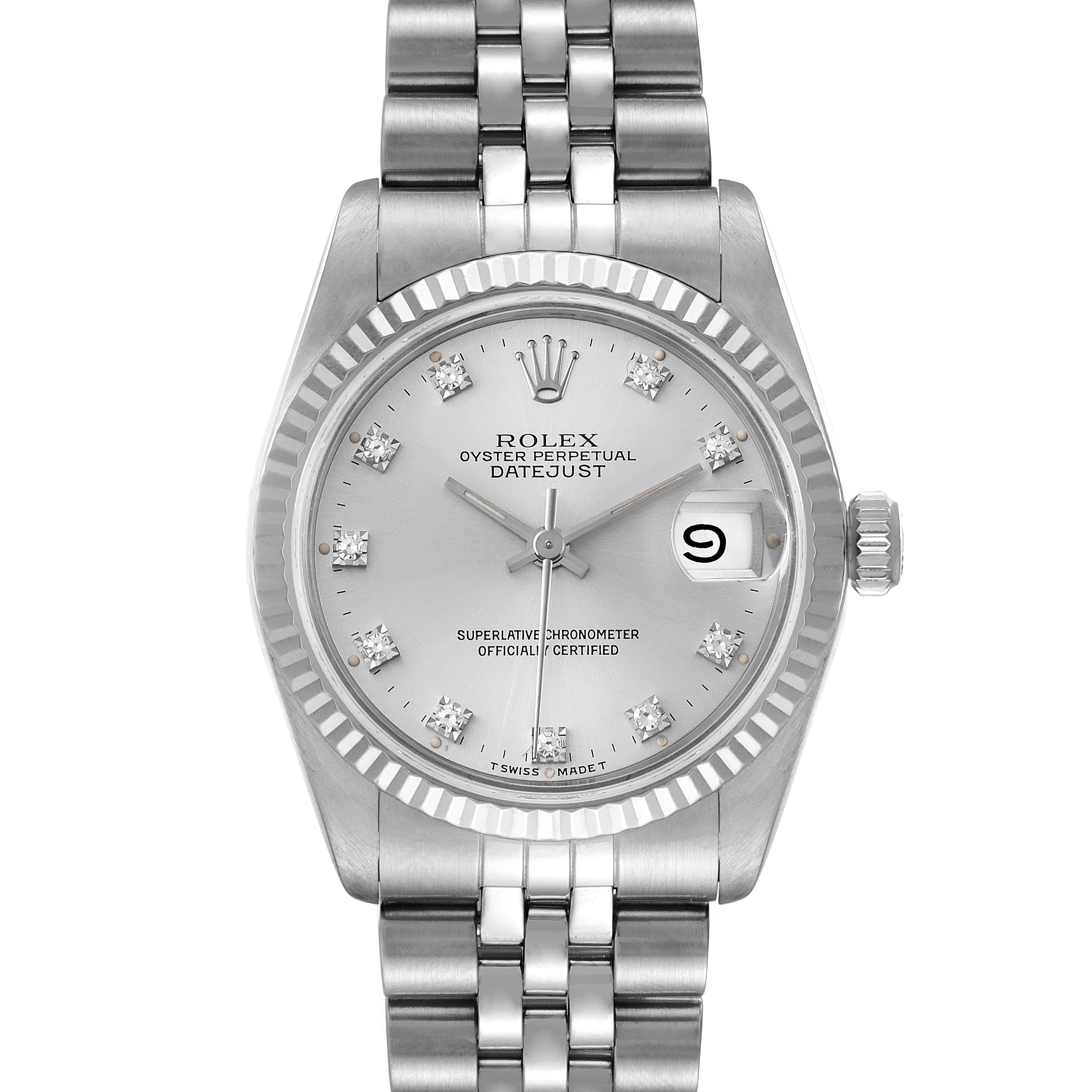 The image shows a front view of a Rolex Datejust Mid-Size watch, featuring the face, bezel, crown, and part of the bracelet.
