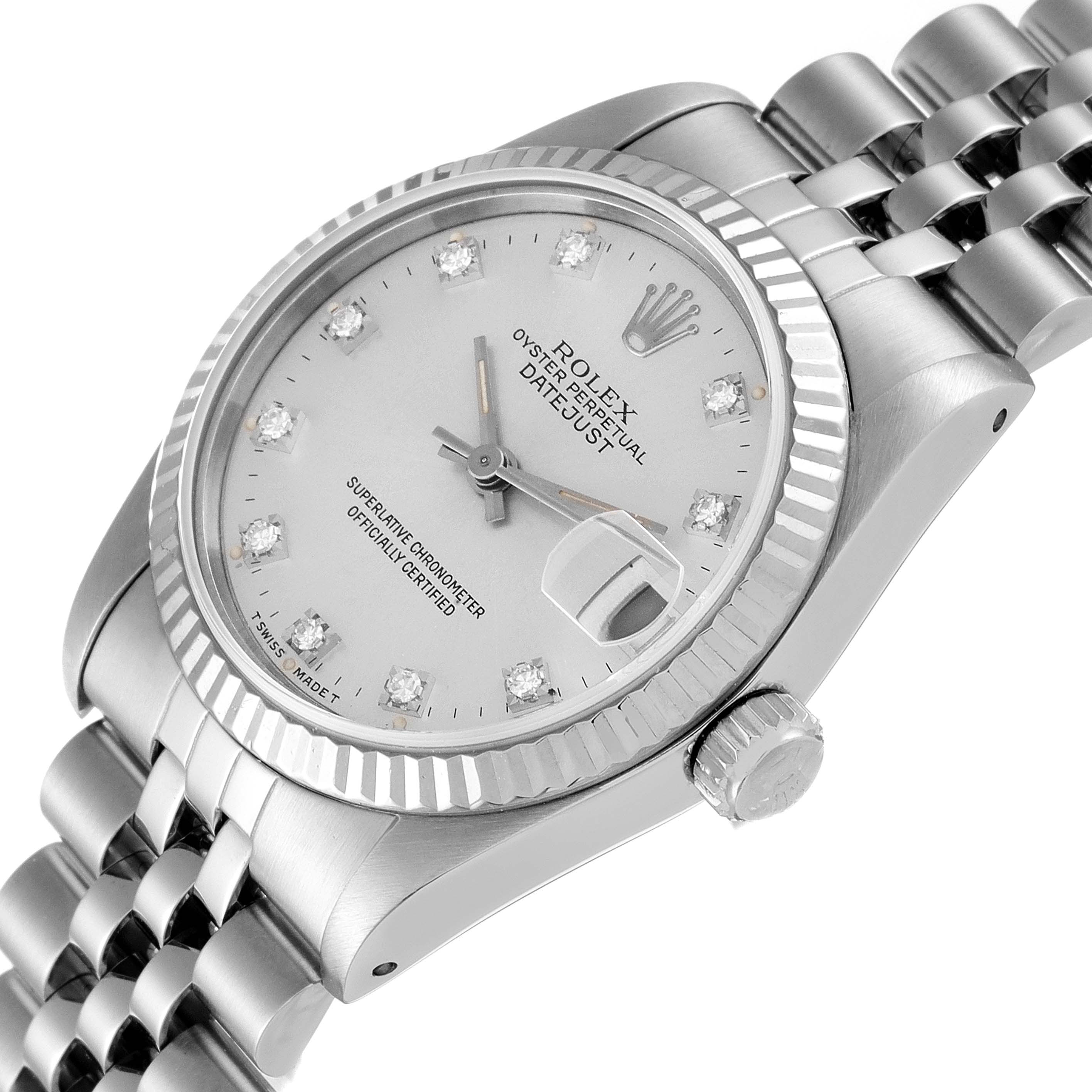 The image shows a Rolex Mid-Size 68274 Women
s Stainless Steel Silver Dial 68274 Women
s Stainless Steel Silver Dial Oyster Perpetual Datejust watch from an angled top view, highlighting the dial, bezel, and bracelet.