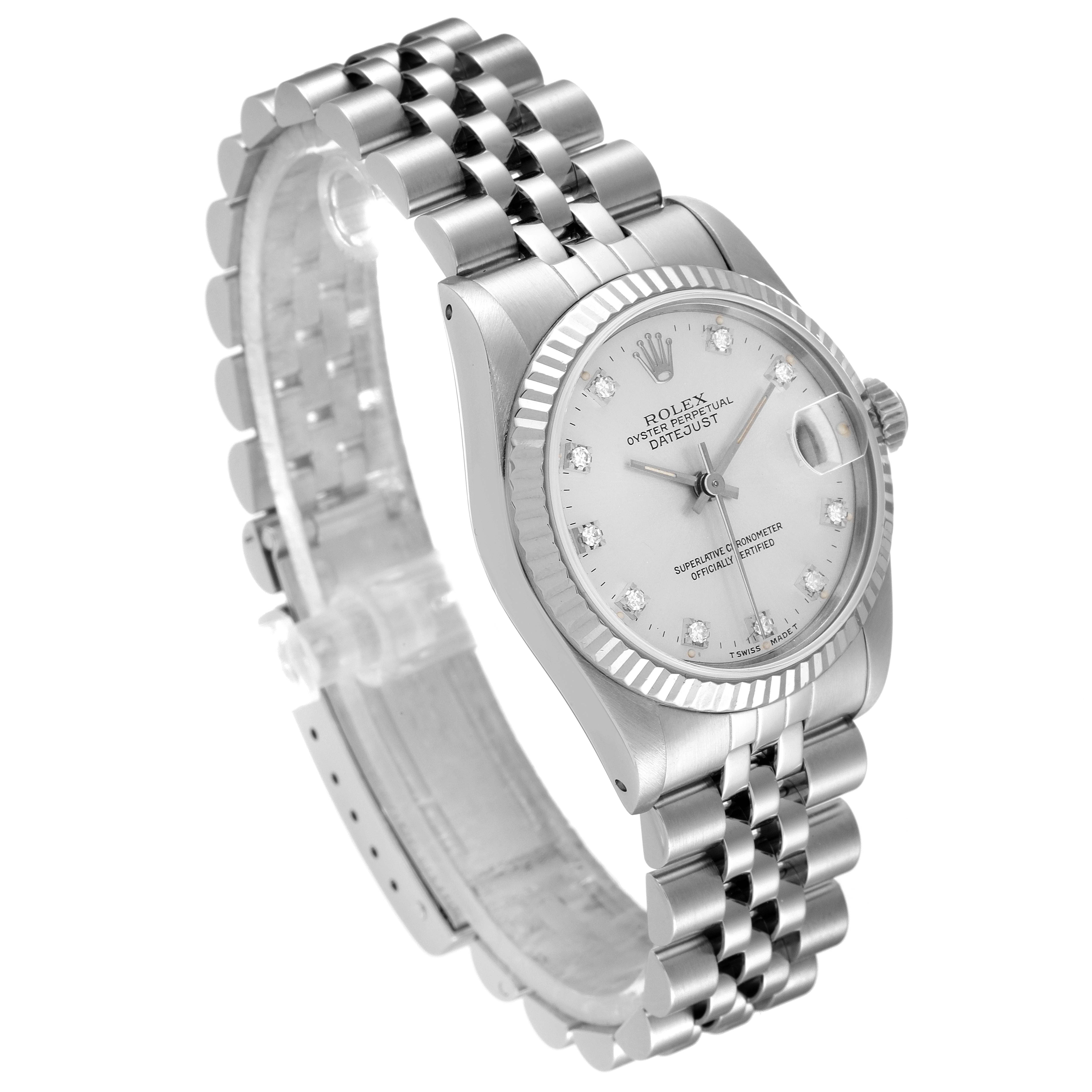 This image shows a Mid-Size Rolex Datejust watch at an angle highlighting its face, bezel, and metal bracelet.