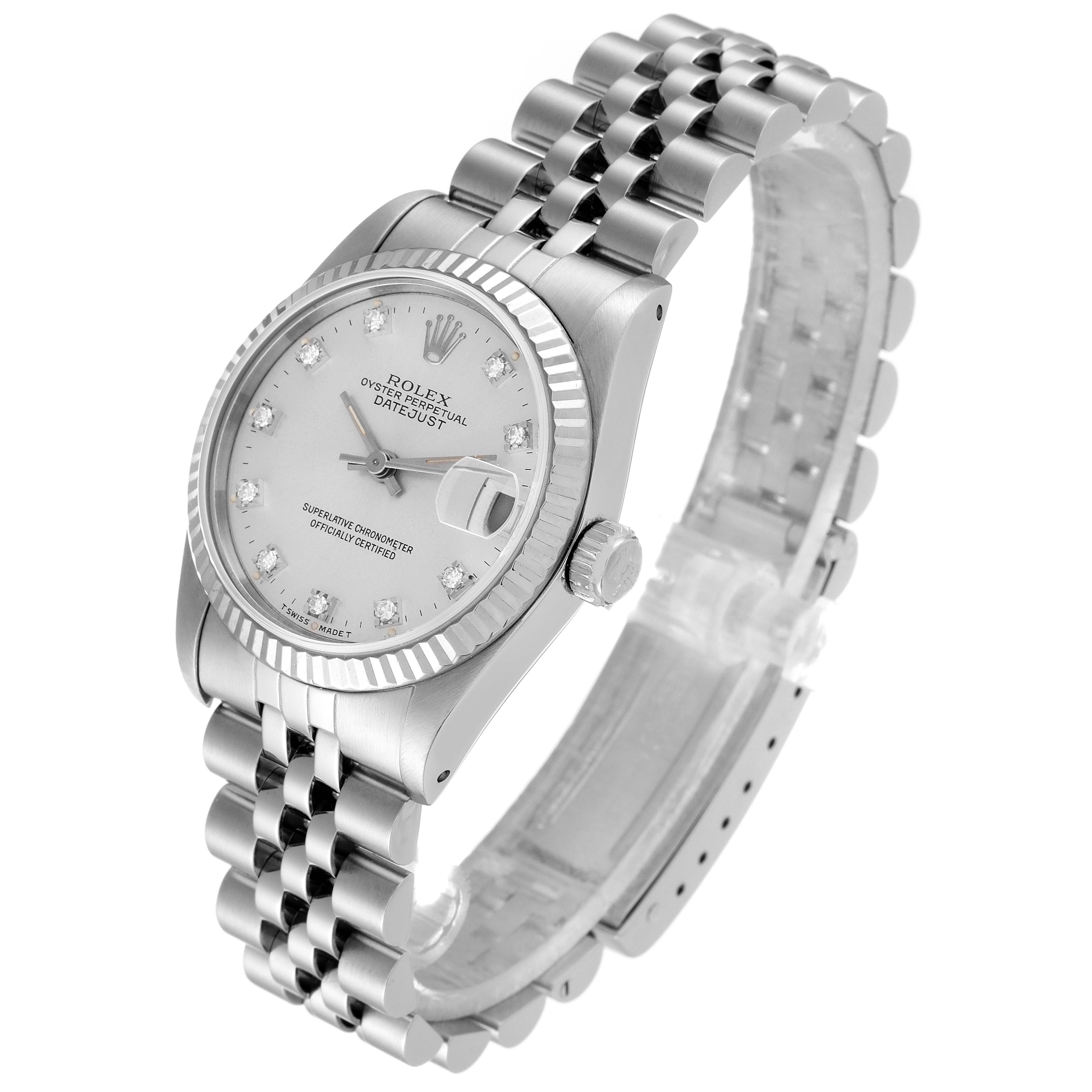 The Rolex Mid-Size 68274 Women
s Stainless Steel Silver Dial 68274 Women
s Stainless Steel Silver Dial watch is shown at a three-quarter angle, highlighting the watch face, bezel, crown, and bracelet.