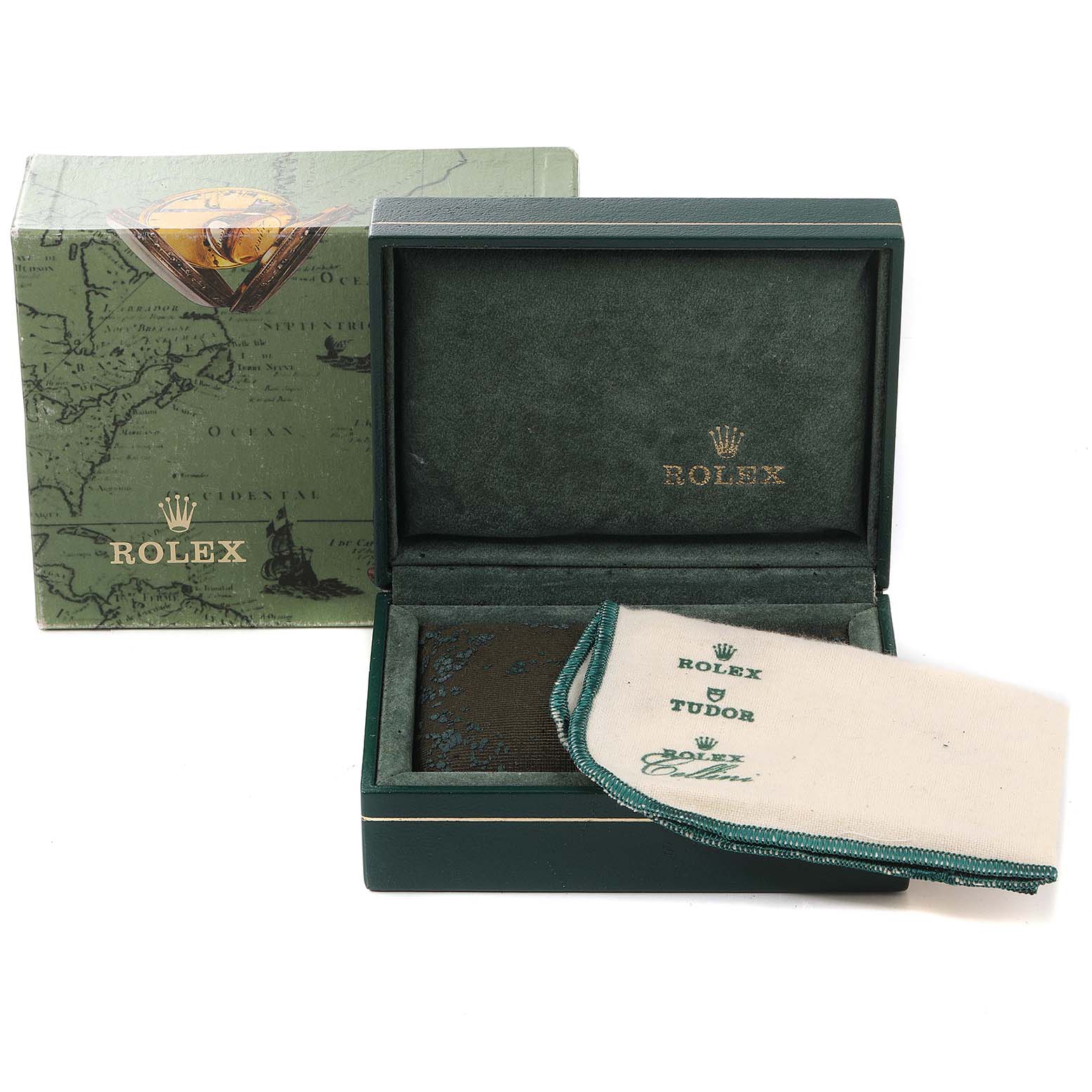 The image shows packaging for a Mid-Size Rolex watch, including an open green box with Rolex branding and a cleaning cloth.