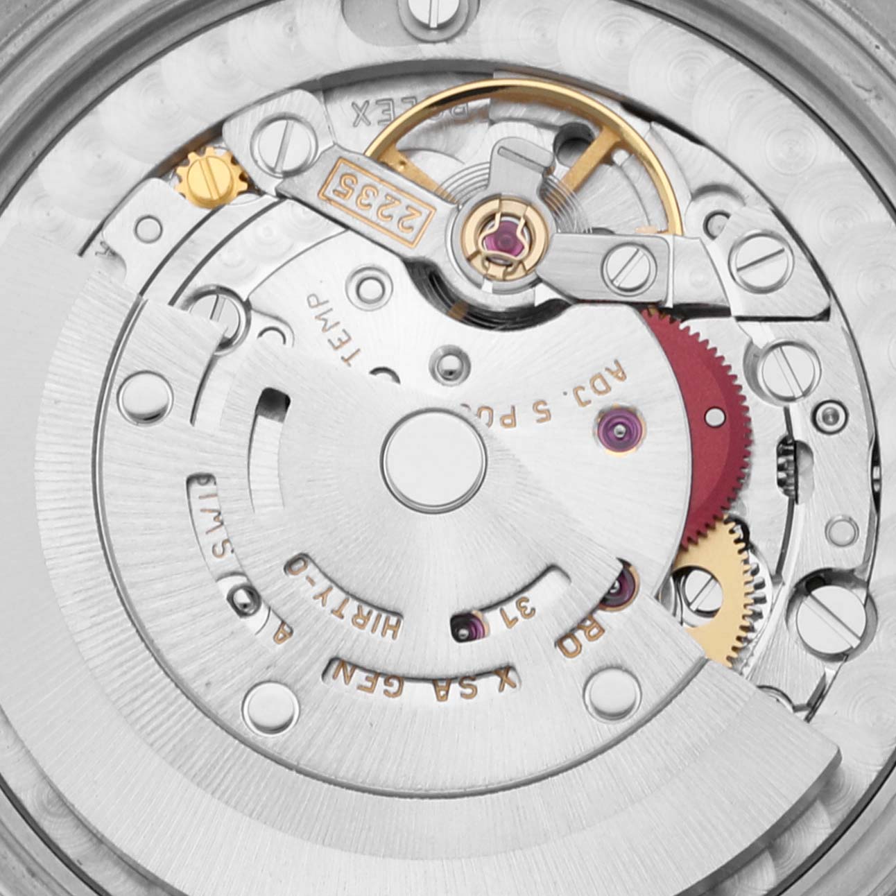 This image shows the internal movement and intricate parts of a Rolex Mid-Size 78274 Women's Stainless Steel Silver Dial 78274 Women's Stainless Steel Silver Dial model watch from a close-up, detailed angle.