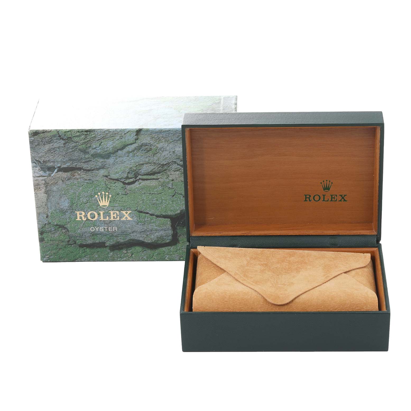 The image shows the packaging of a Mid-Size Rolex watch, with an open wooden box and its protective pouch.