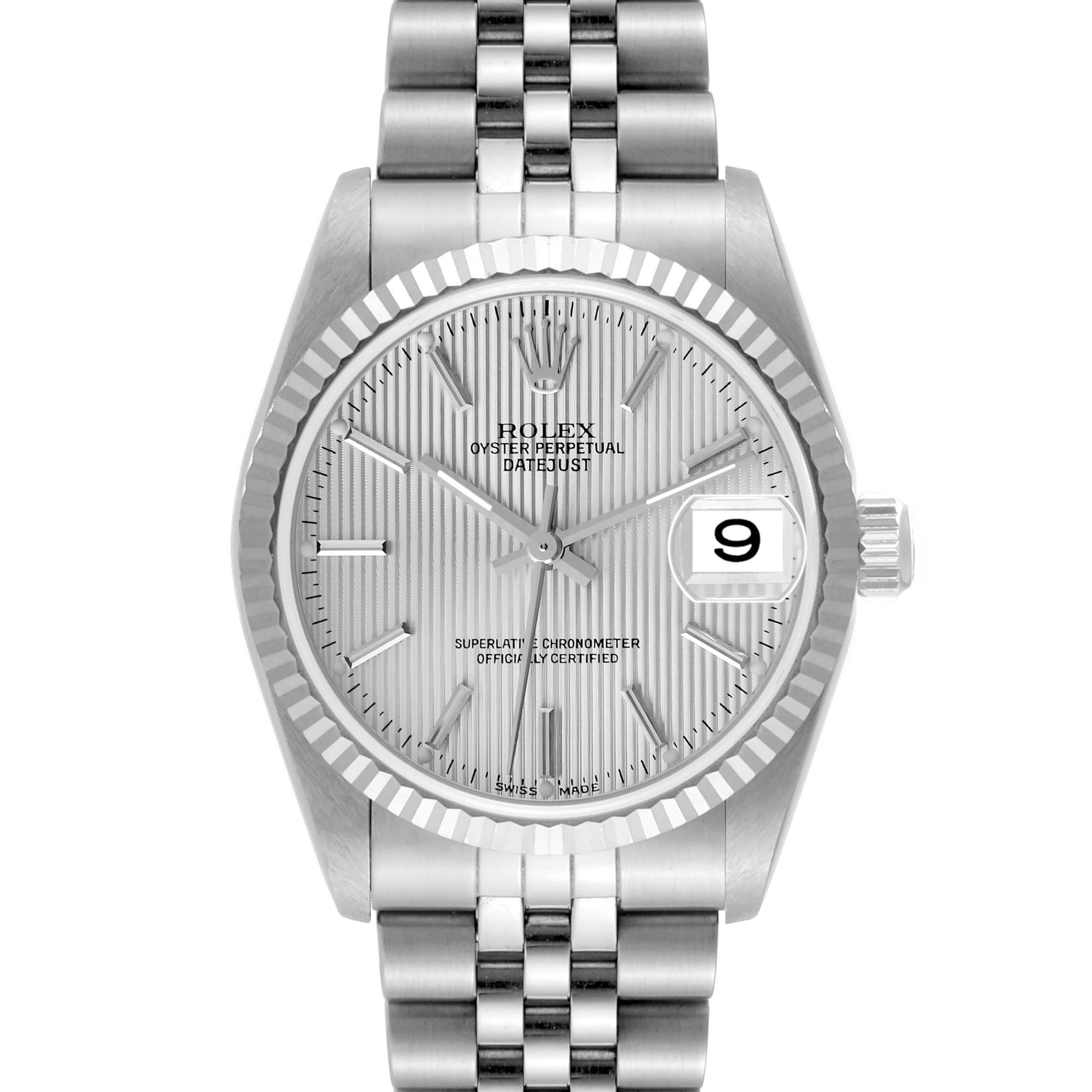 The image shows a front view of the Rolex Mid-Size 78274 Women's Stainless Steel Silver Dial 78274 Women's Stainless Steel Silver Dial Oyster Perpetual Datejust watch with its dial, bezel, and bracelet visible.
