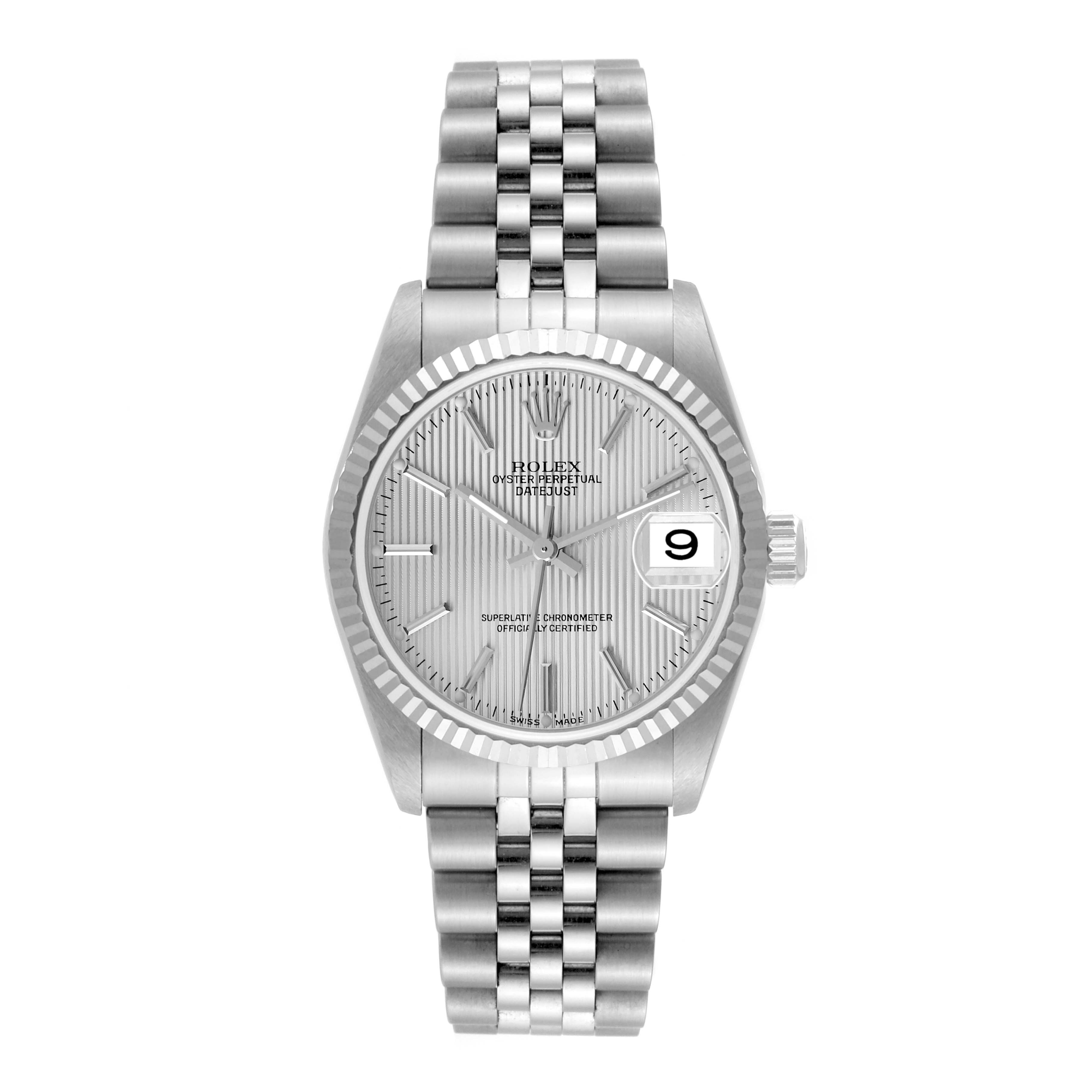 The image shows a front view of the Rolex Mid-Size 78274 Women's Stainless Steel Silver Dial 78274 Women's Stainless Steel Silver Dial Datejust watch, featuring its dial, bezel, and bracelet.