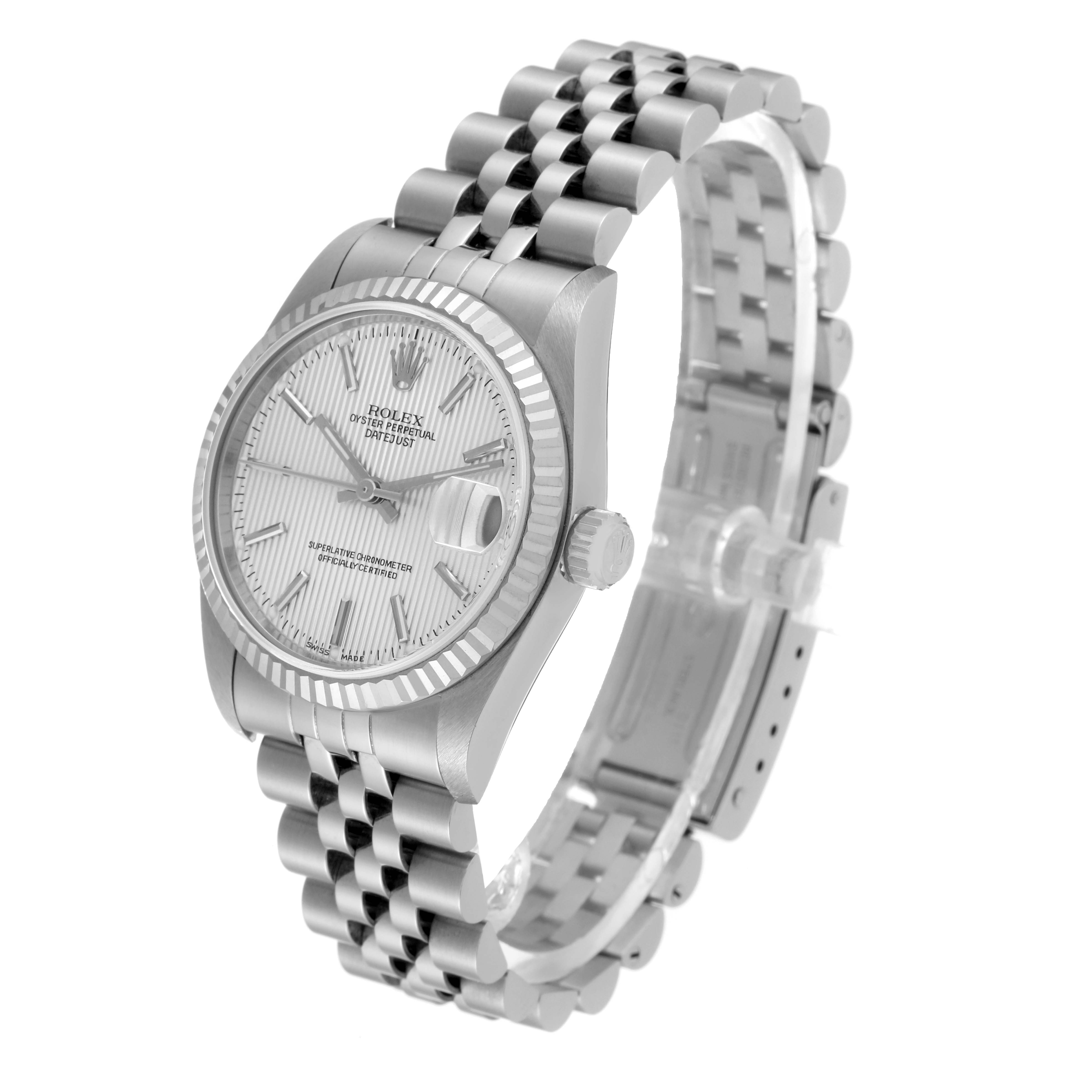 The Rolex Mid-Size 78274 Women's Stainless Steel Silver Dial 78274 Women's Stainless Steel Silver Dial watch is shown at a three-quarter angle, highlighting its face, bezel, crown, and Jubilee bracelet.