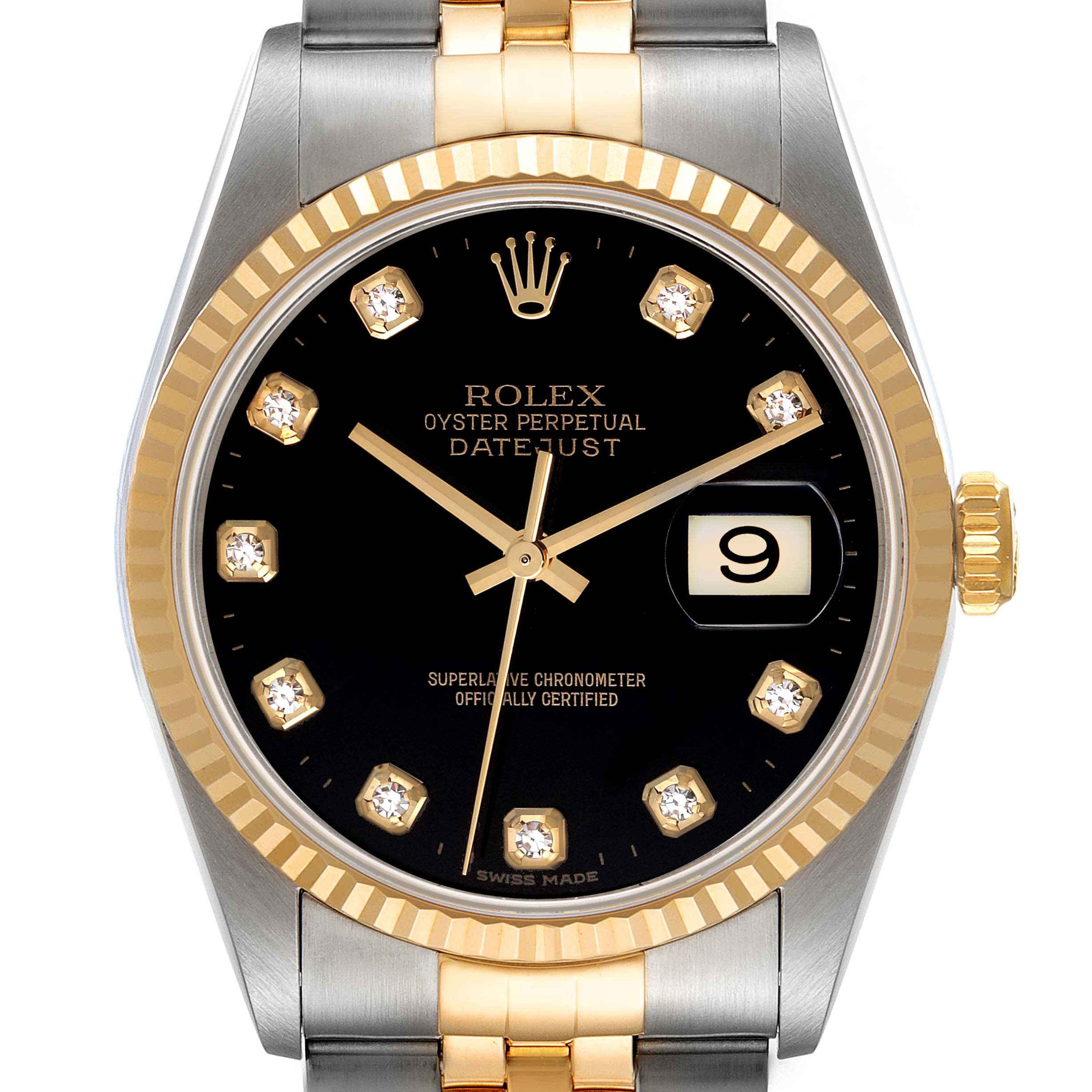 The image shows a Rolex Datejust 16233 Men's Steel and Gold (two tone) Black Dial 16233 Men's Steel and Gold (two tone) Black Dial watch from a front angle, highlighting the dial, bezel, crown, and bracelet.