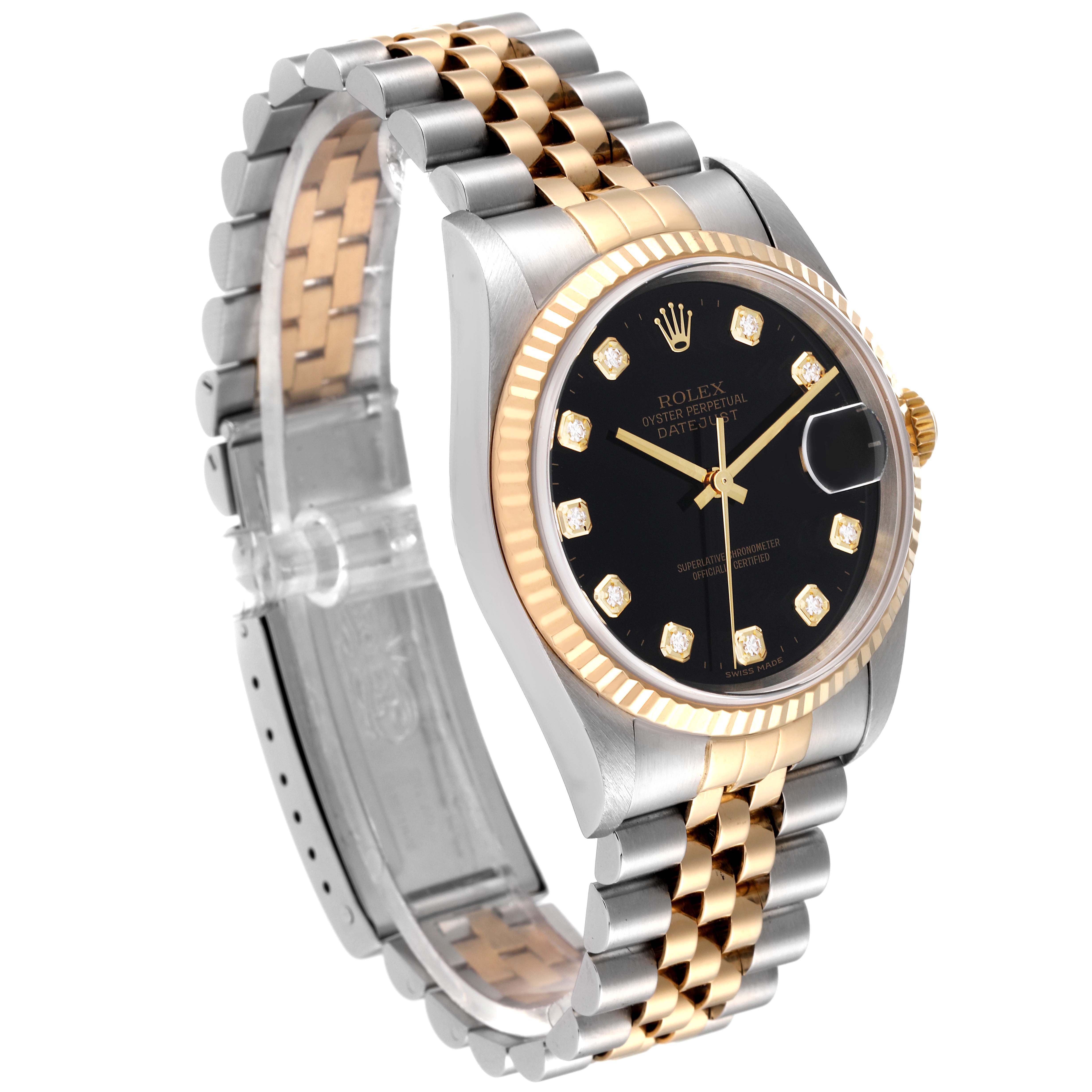 The image shows a Rolex Datejust 16233 Men's Steel and Gold (two tone) Black Dial 16233 Men's Steel and Gold (two tone) Black Dial watch at a three-quarter angle, showcasing its two-tone bracelet, black dial, and diamond hour markers.