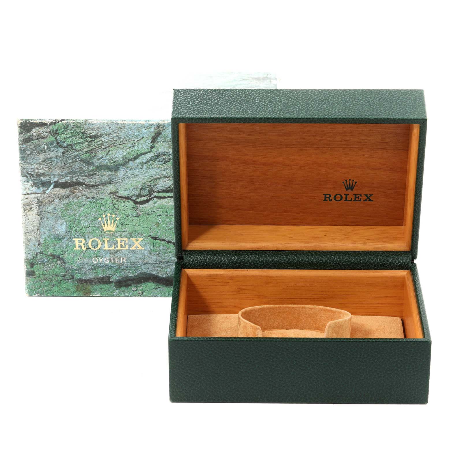 This image shows an open Rolex Datejust 16233 Men's Steel and Gold (two tone) Black Dial 16233 Men's Steel and Gold (two tone) Black Dial watch box with green exterior, wooden interior, and beige cushion.