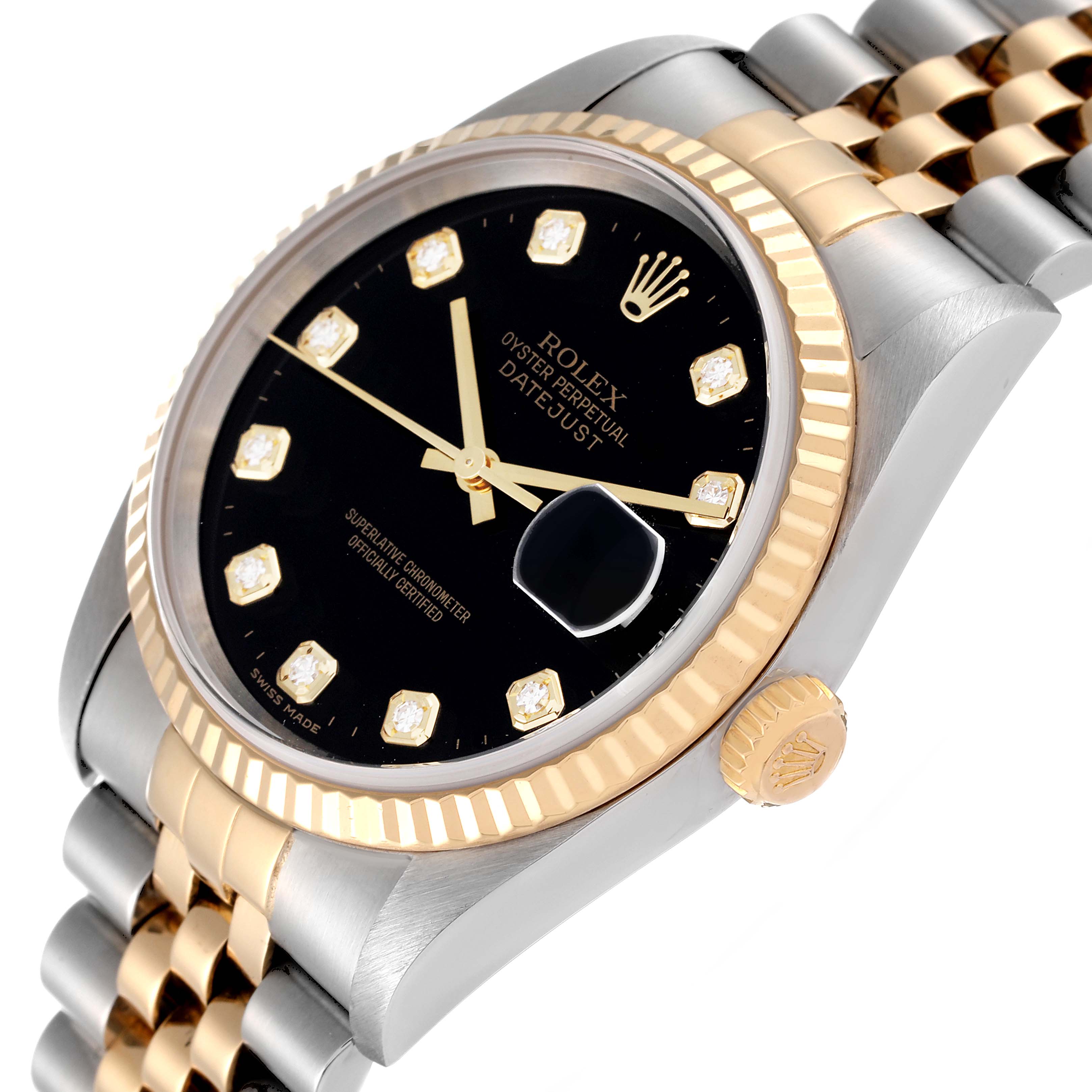 The image shows a side angle of a Rolex Datejust 16233 Men's Steel and Gold (two tone) Black Dial 16233 Men's Steel and Gold (two tone) Black Dial watch, highlighting the black dial, gold bezel, and two-tone bracelet.