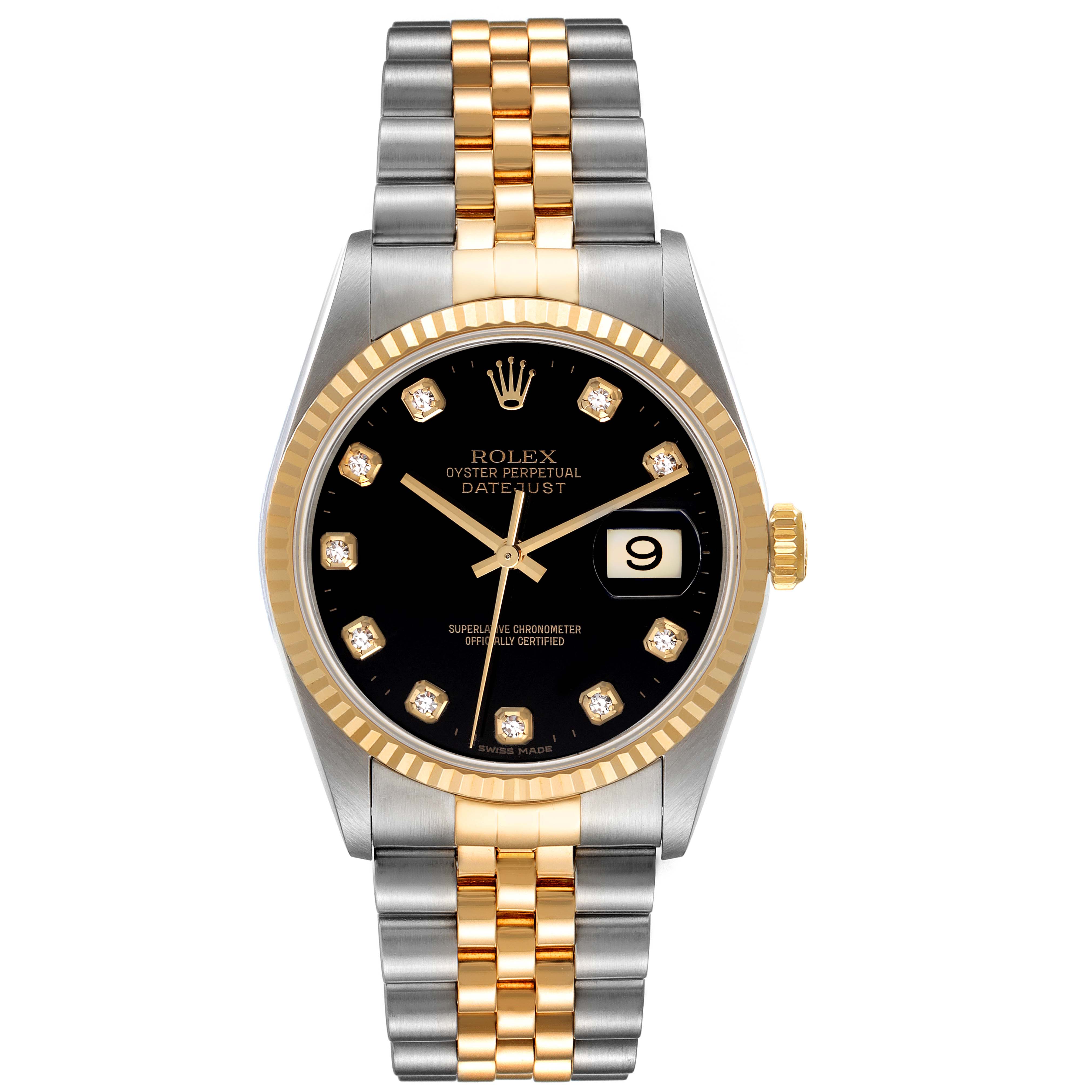 This image shows a front view of a Rolex Datejust 16233 Men's Steel and Gold (two tone) Black Dial 16233 Men's Steel and Gold (two tone) Black Dial watch featuring a black dial, diamond hour markers, date display, and a two-tone bracelet.