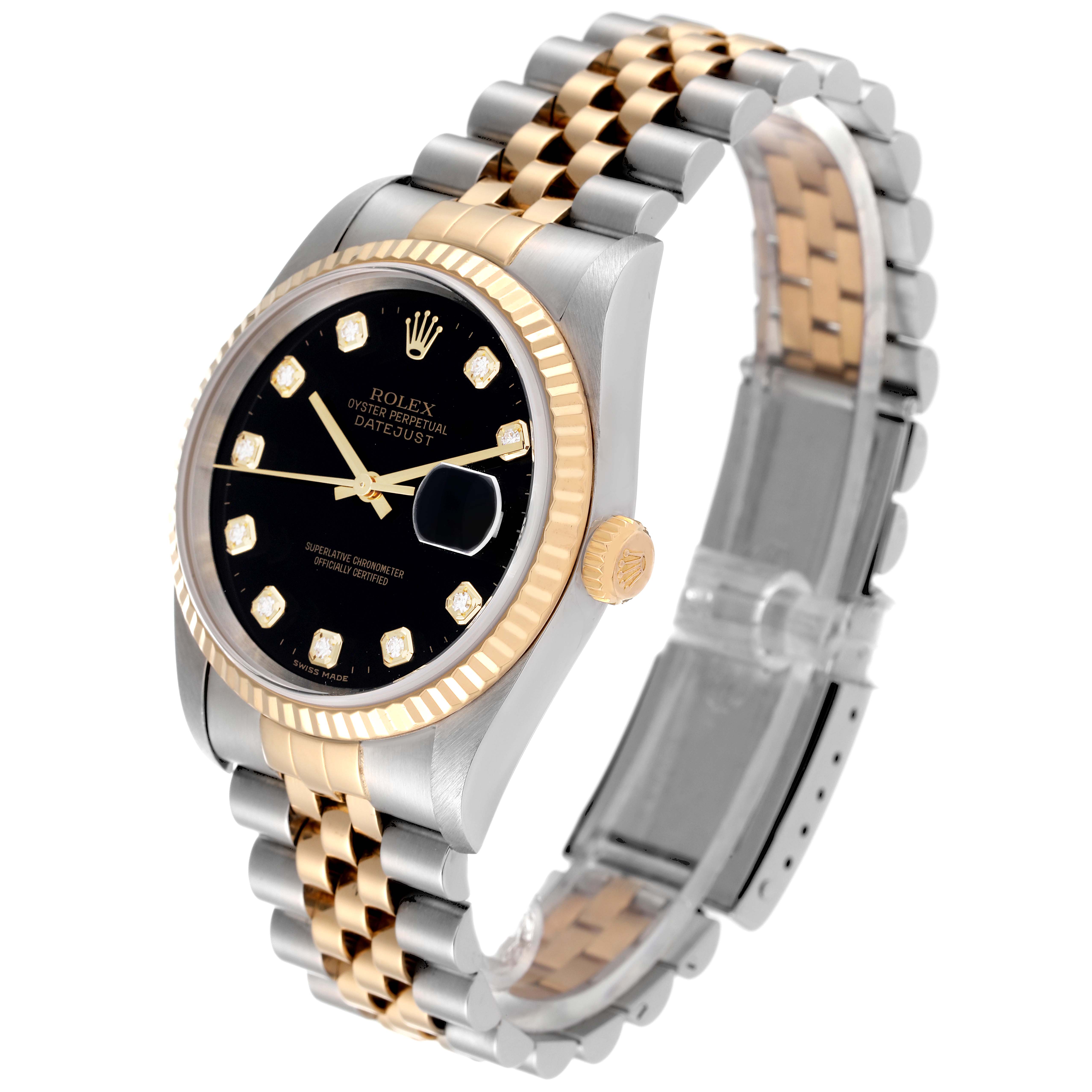 The Rolex Datejust 16233 Men's Steel and Gold (two tone) Black Dial 16233 Men's Steel and Gold (two tone) Black Dial watch is shown at an angled view, displaying its black dial, two-tone bracelet, and fluted bezel.