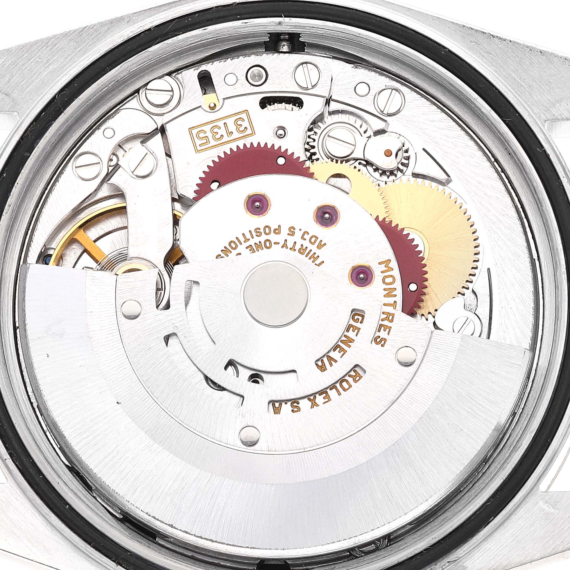 The image shows the inner mechanical components of the Rolex Datejust 16233 Men's Steel and Gold (two tone) Black Dial 16233 Men's Steel and Gold (two tone) Black Dial model, viewed from the back (movement view).