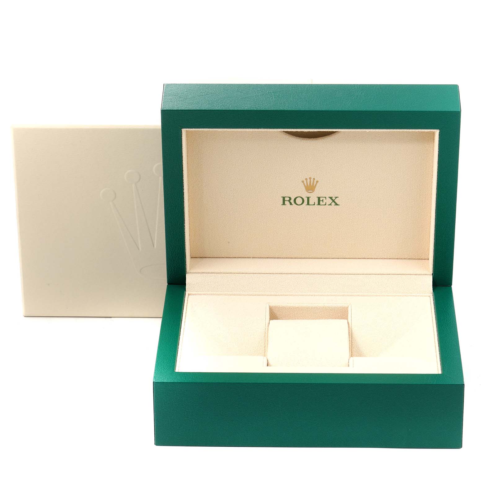 The image shows an open green and beige Rolex box designed for the Datejust model.