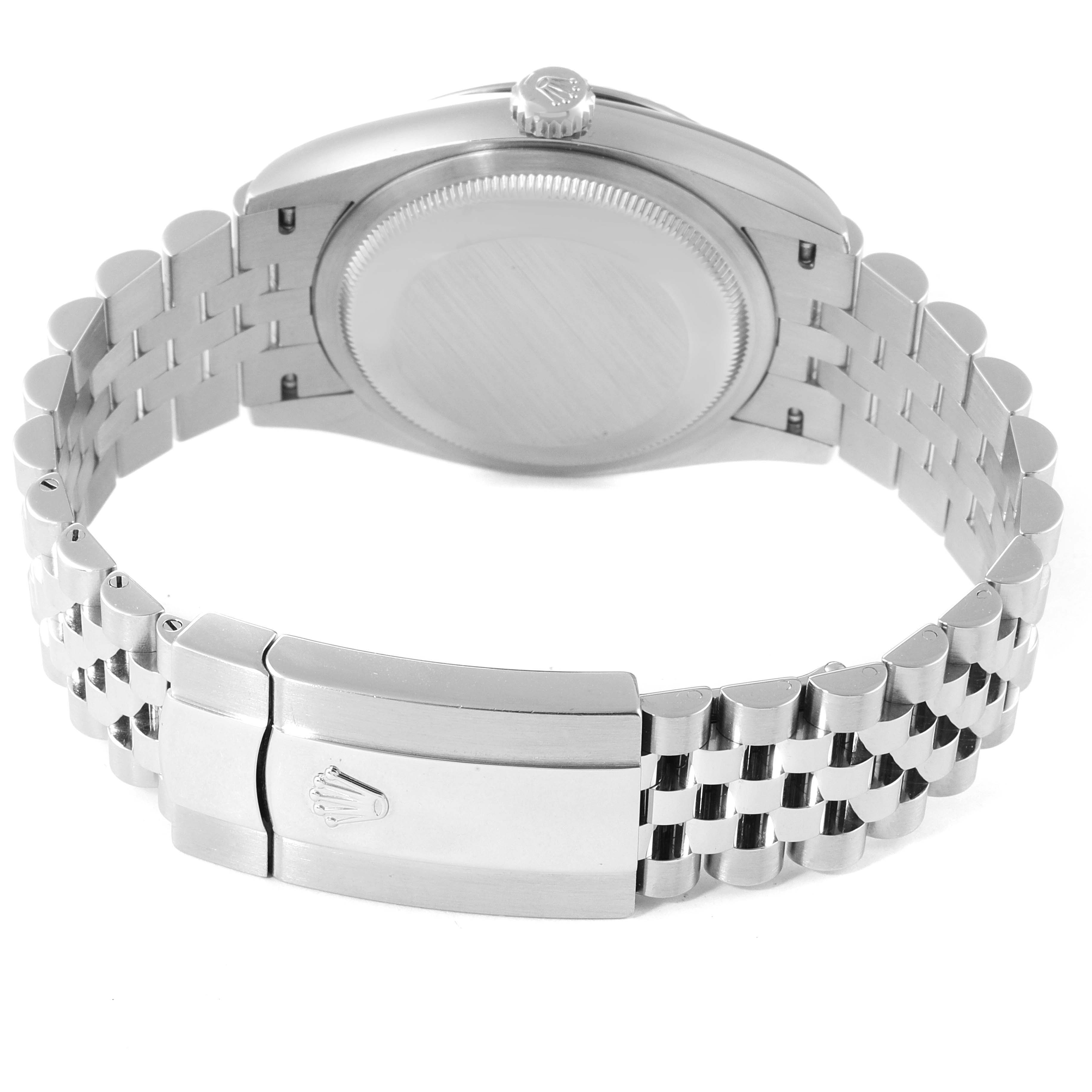 The image shows the rear view of a Rolex Datejust 126234 Men
s Stainless Steel Black Dial 126234 Men
s Stainless Steel Black Dial watch, highlighting the Jubilee bracelet and clasp.