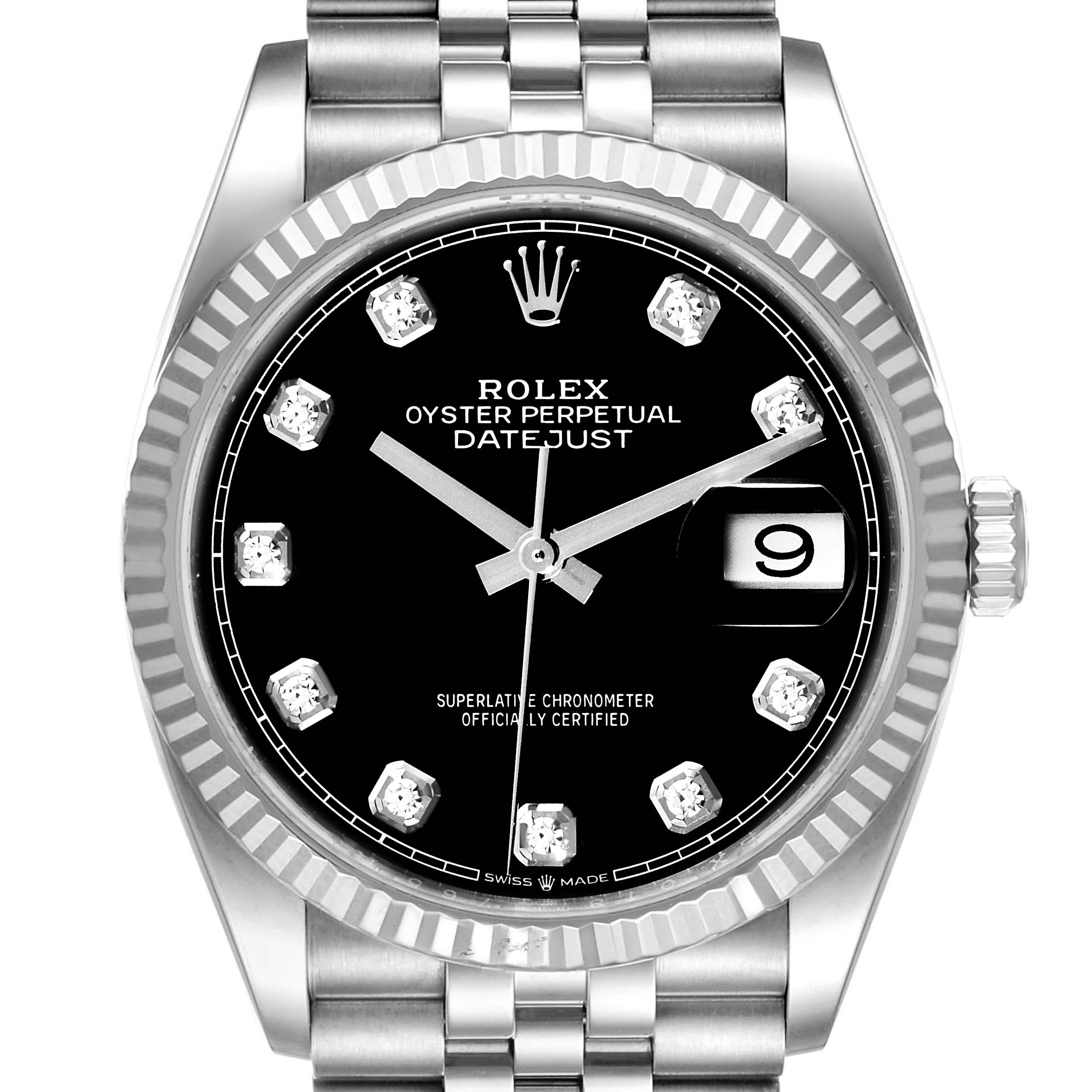 This image shows a front view of the Rolex Datejust 126234 Men
s Stainless Steel Black Dial 126234 Men
s Stainless Steel Black Dial watch, highlighting the black dial, date window, and diamond hour markers.