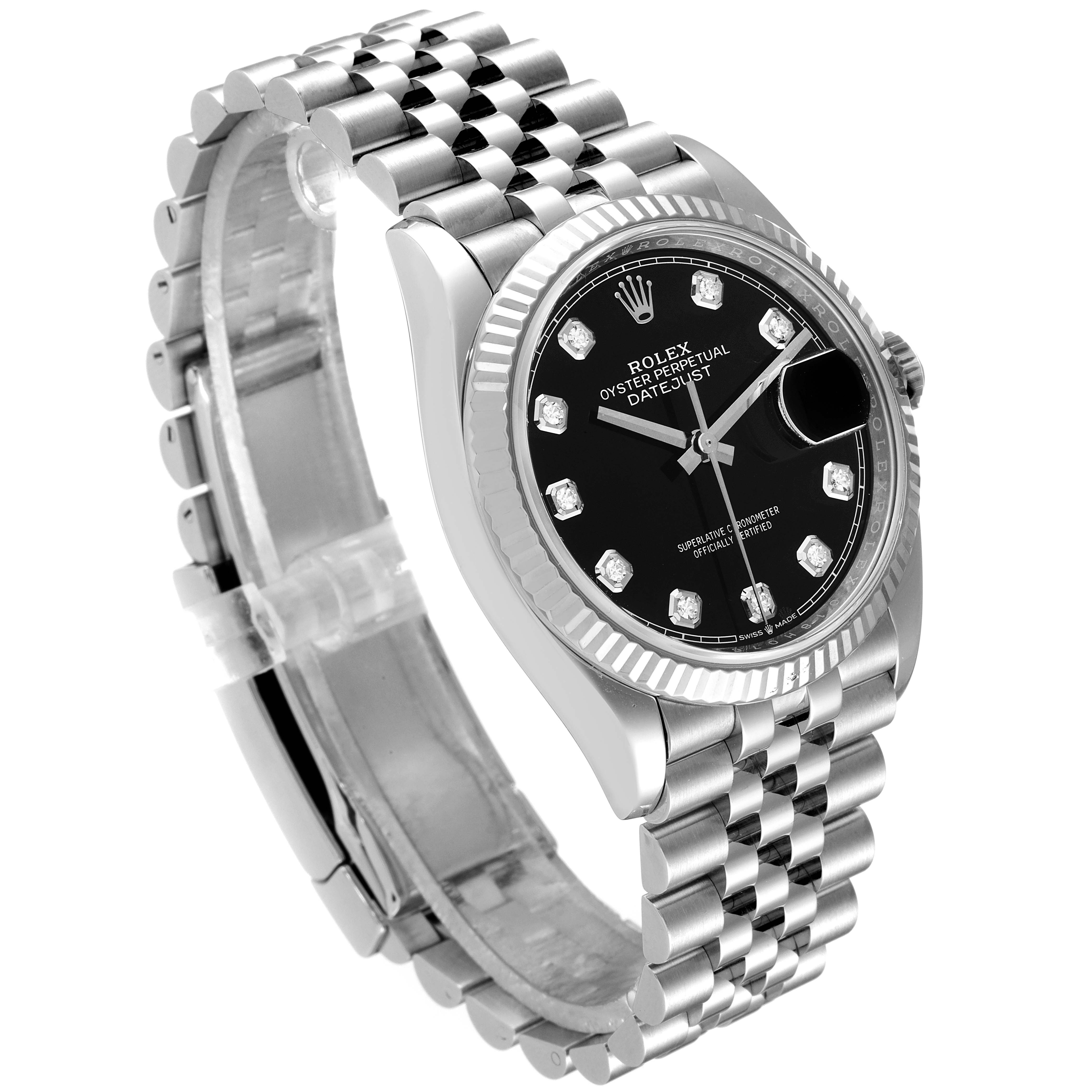 The image shows a side angle of the Rolex Datejust 126234 Men
s Stainless Steel Black Dial 126234 Men
s Stainless Steel Black Dial watch, highlighting its black dial, diamond markers, fluted bezel, and Jubilee bracelet.