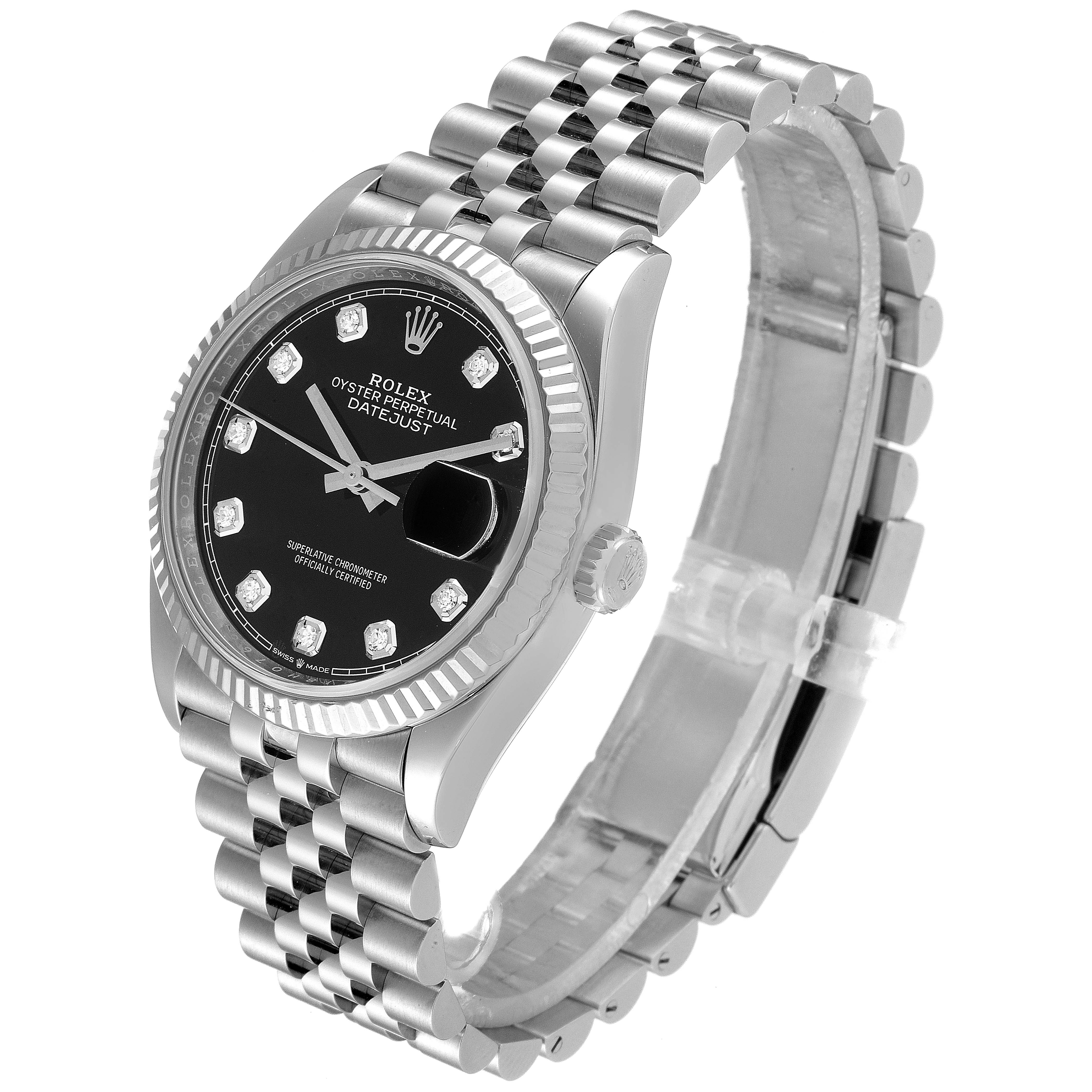 This Rolex Datejust 126234 Men
s Stainless Steel Black Dial 126234 Men
s Stainless Steel Black Dial watch is shown at an angle revealing its face, bezel, and bracelet.