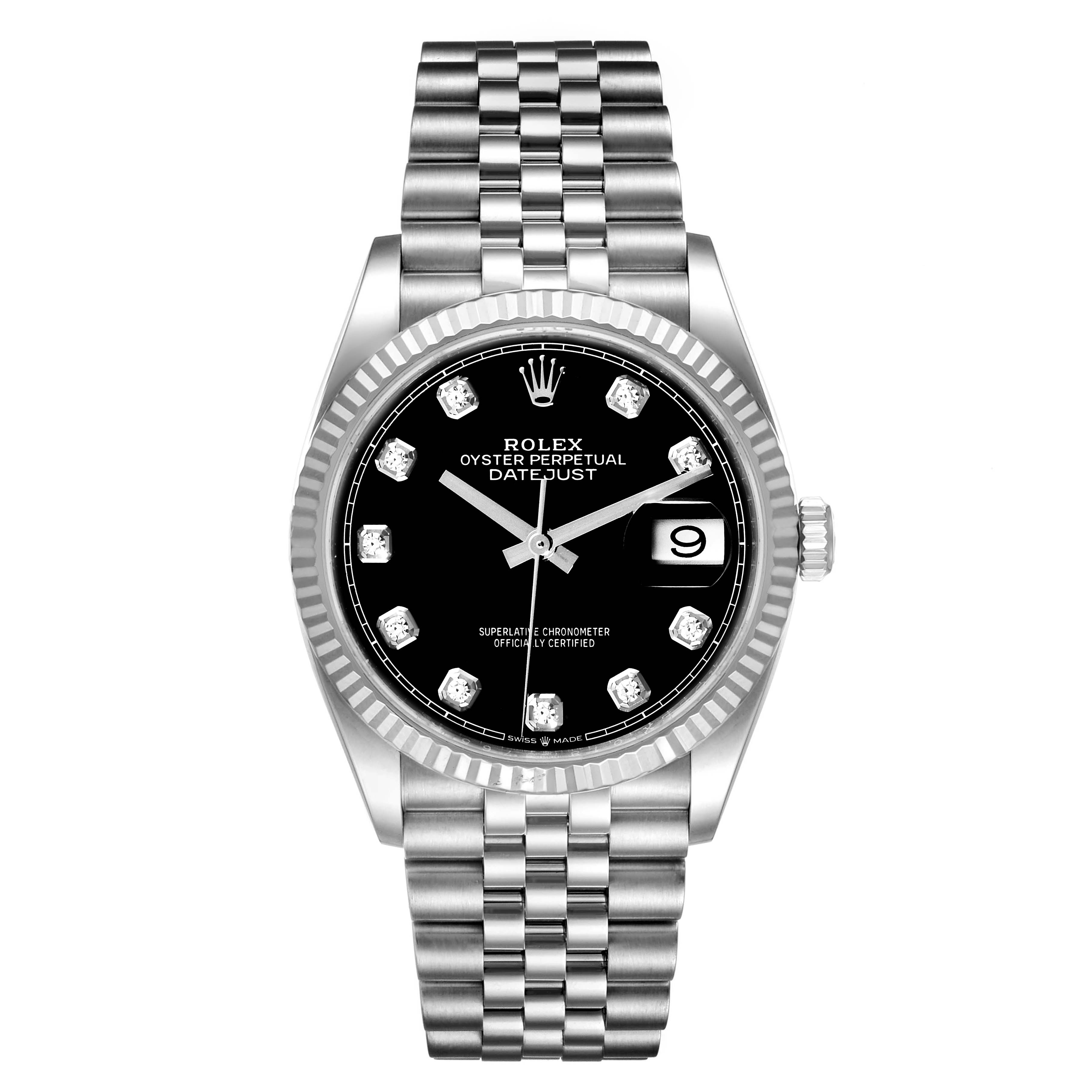This image shows a front view of a Rolex Datejust 126234 Men
s Stainless Steel Black Dial 126234 Men
s Stainless Steel Black Dial watch with a black dial, diamond hour markers, and a silver Jubilee bracelet.