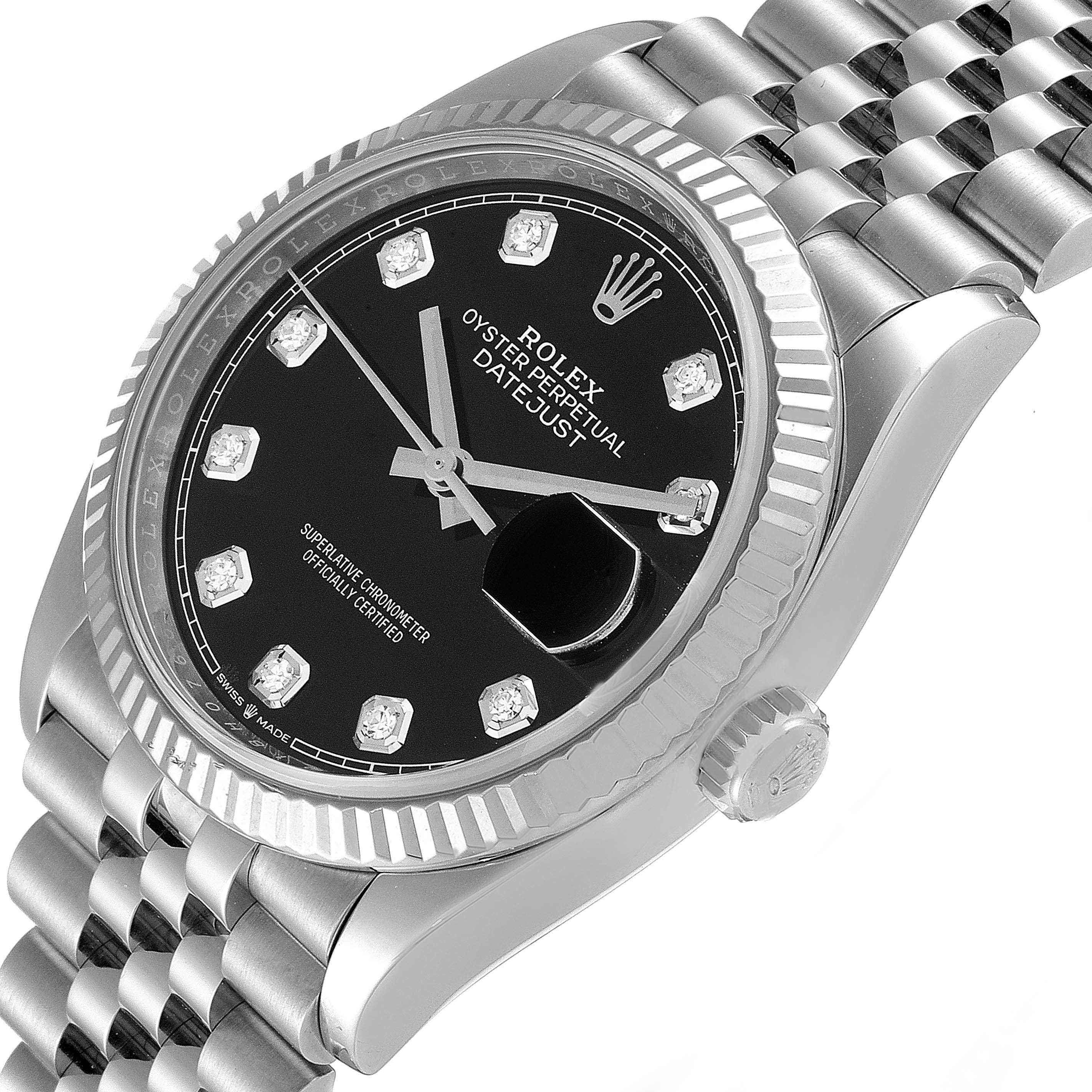 This image shows a close-up of a Rolex Datejust 126234 Men
s Stainless Steel Black Dial 126234 Men
s Stainless Steel Black Dial watch, highlighting the bezel, dial, crown, and part of the bracelet.