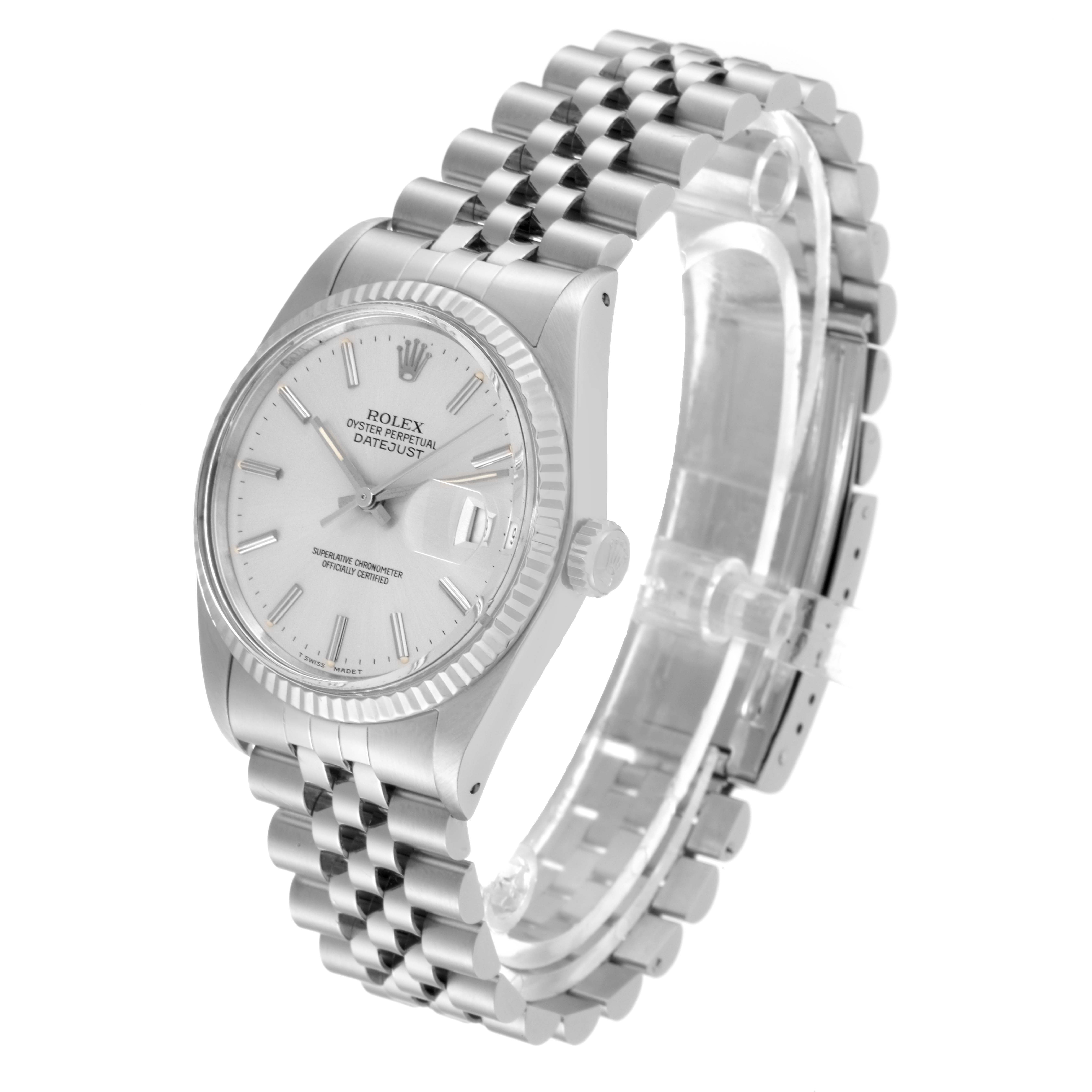 The Rolex Vintage Collection 16014 Men's Stainless Steel Silver Dial 16014 Men's Stainless Steel Silver Dial Datejust is shown at an angle displaying the face, crown, and bracelet.