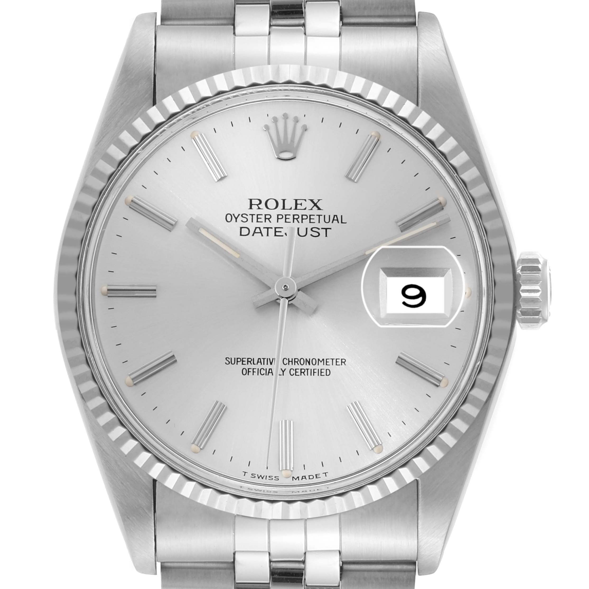 A close-up view of the Rolex Vintage Collection 16014 Men's Stainless Steel Silver Dial 16014 Men's Stainless Steel Silver Dial Oyster Perpetual Datejust watch, showcasing the dial, hands, date window, and bezel.