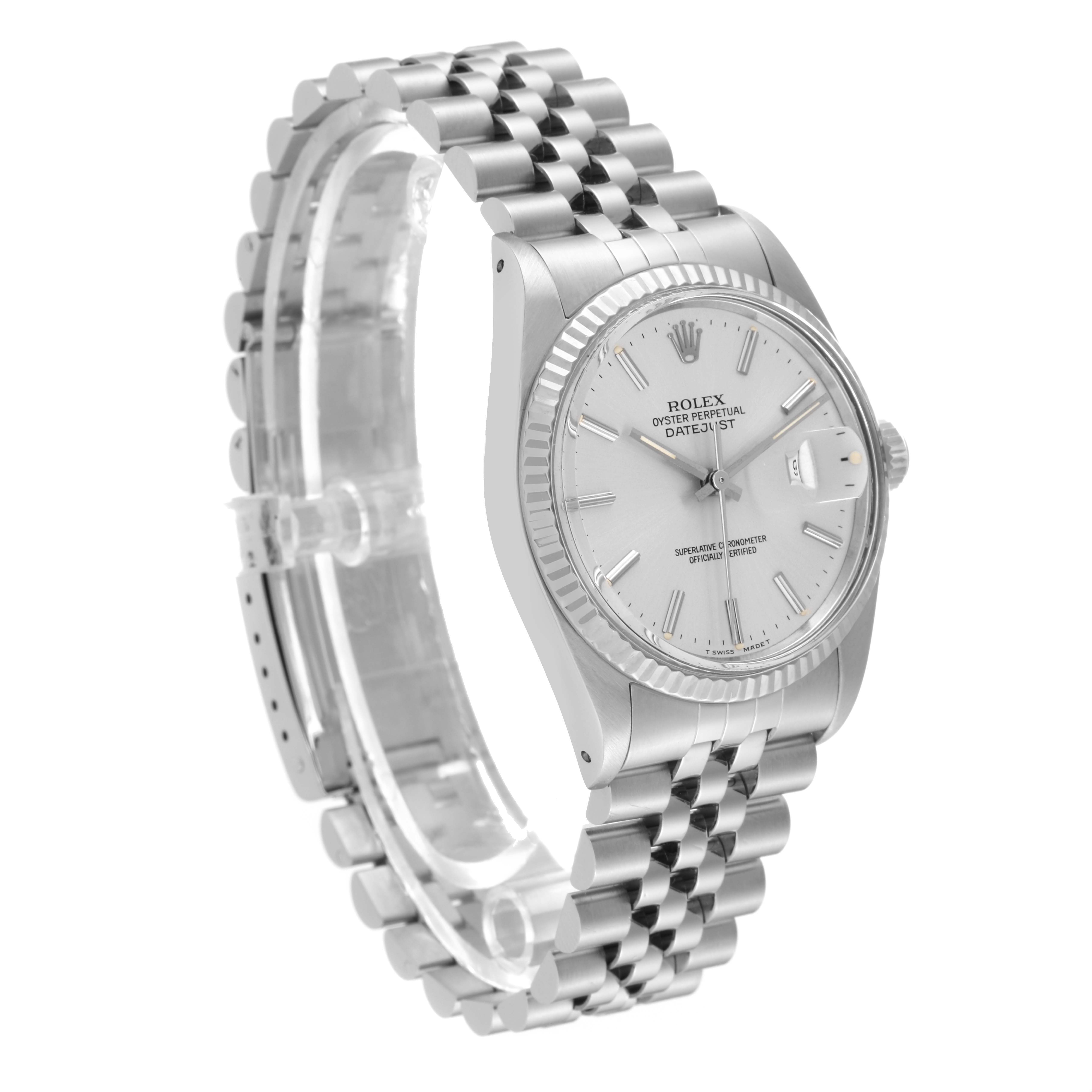 This image shows a Rolex Vintage Collection 16014 Men's Stainless Steel Silver Dial 16014 Men's Stainless Steel Silver Dial Oyster Perpetual Datejust watch at an oblique angle, highlighting its face and bracelet.