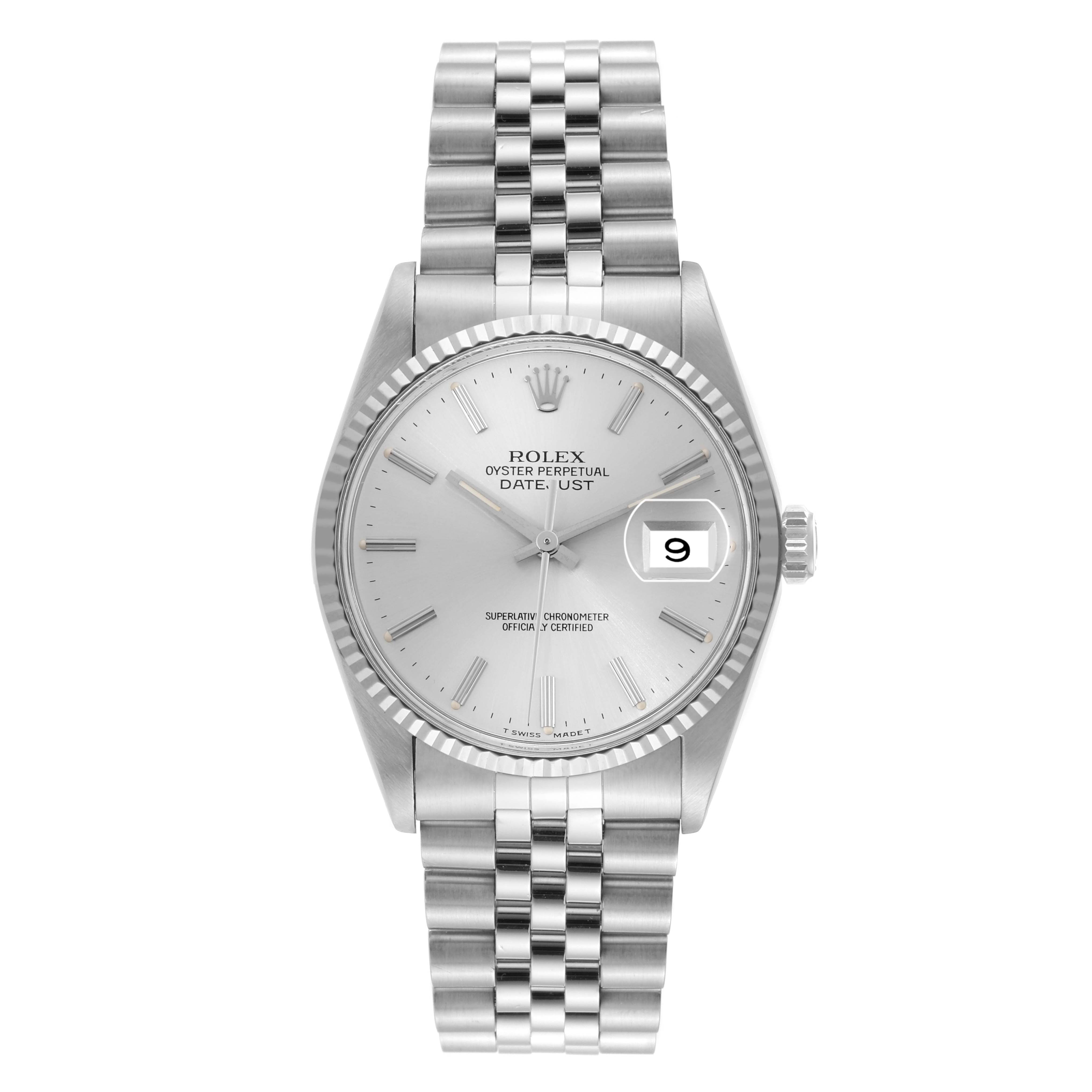 The image shows a front view of the Rolex Vintage Collection 16014 Men's Stainless Steel Silver Dial 16014 Men's Stainless Steel Silver Dial Oyster Perpetual Datejust watch with its bracelet and dial visible.