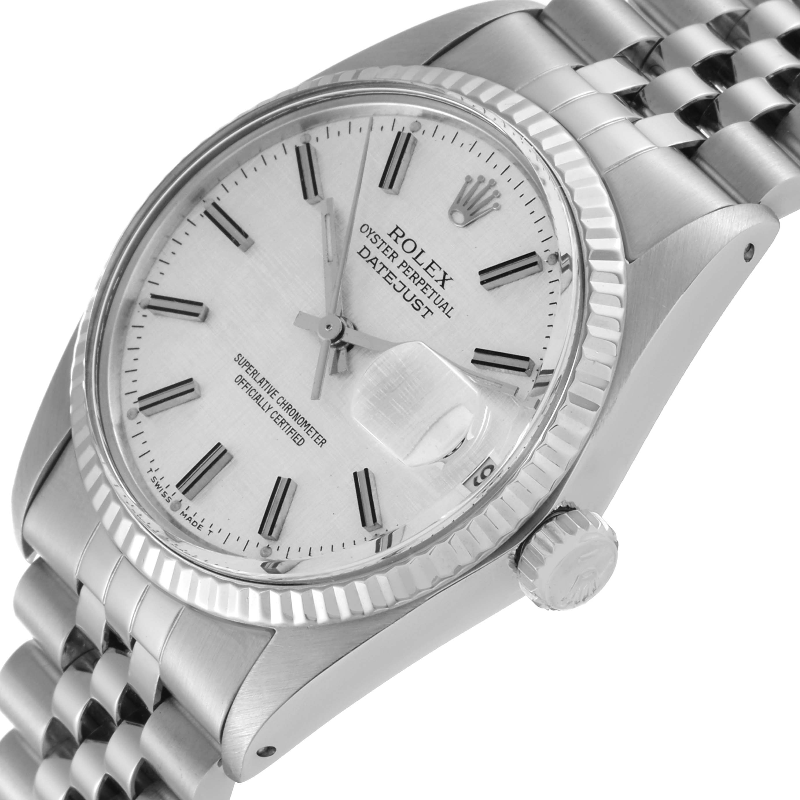This Rolex Vintage Collection 16014 Men's Stainless Steel Silver Dial 16014 Men's Stainless Steel Silver Dial watch is shown from an angle emphasizing the face, bezel, crown, and partial bracelet.