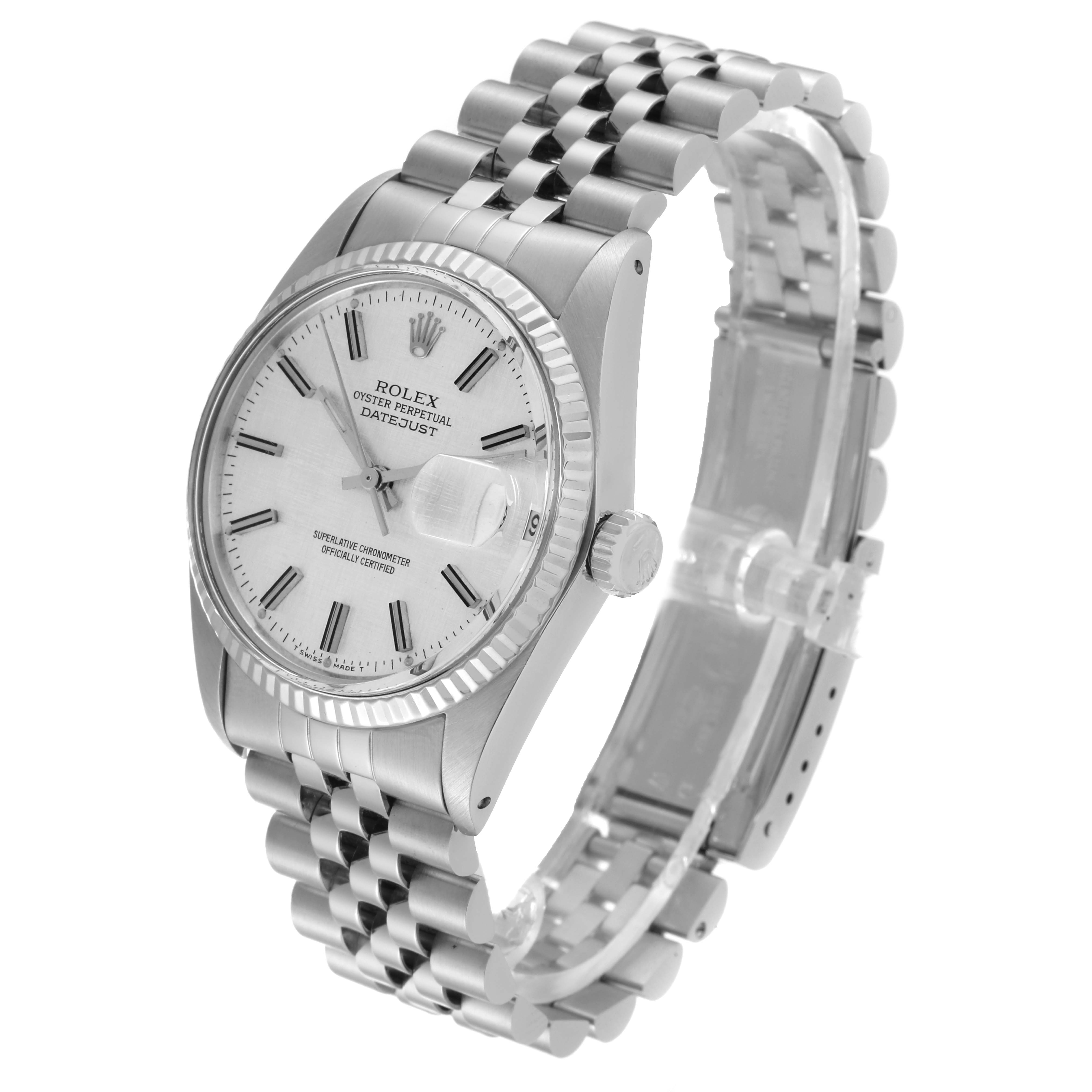 The image shows a Rolex Vintage Collection 16014 Men's Stainless Steel Silver Dial 16014 Men's Stainless Steel Silver Dial Oyster Perpetual Datejust watch, angled to display the dial, bezel, and bracelet.