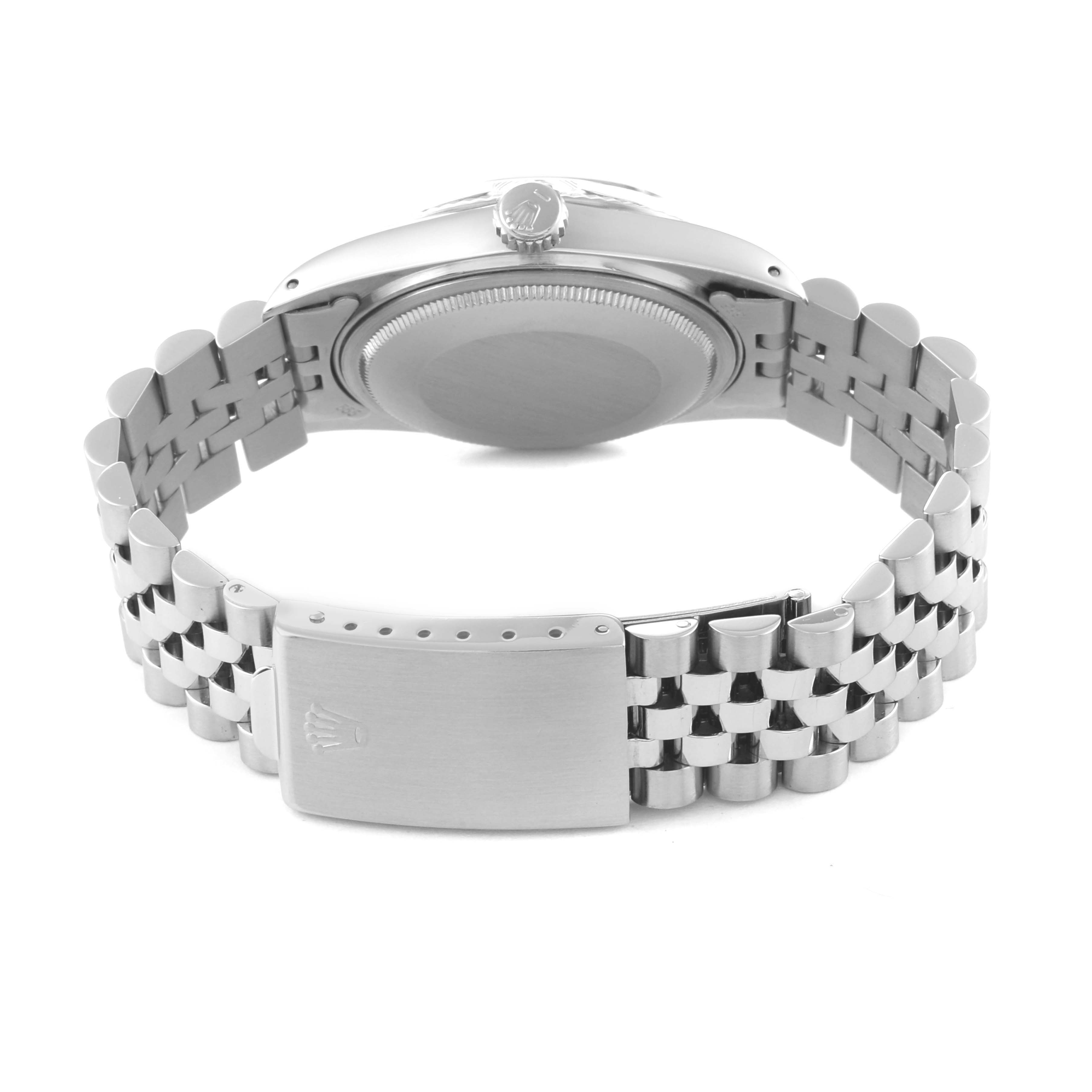 The image shows the back of a Rolex Vintage Collection 16014 Men's Stainless Steel Silver Dial 16014 Men's Stainless Steel Silver Dial watch, including the caseback and the Jubilee bracelet with its clasp.