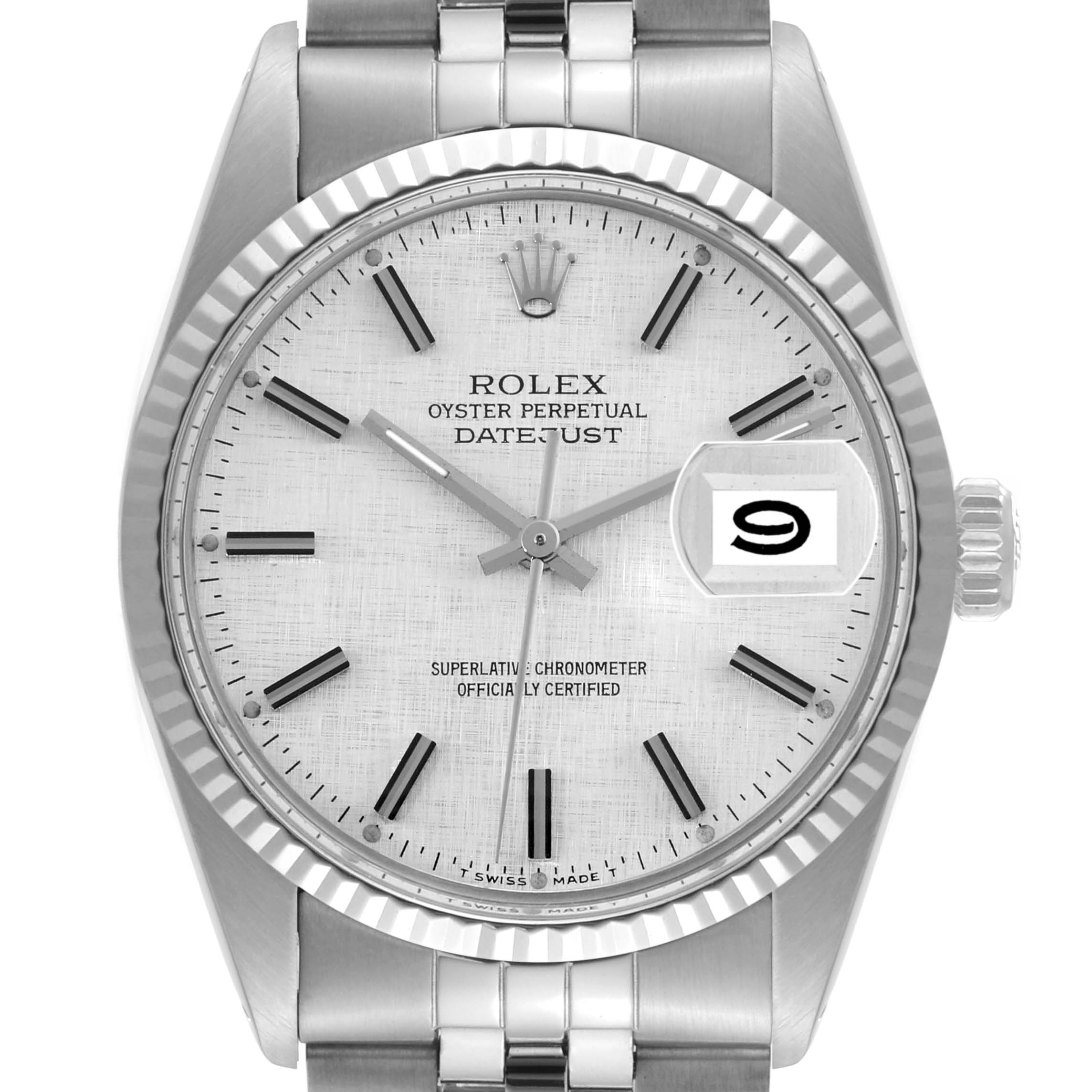 The image shows a front view of the Rolex Vintage Collection 16014 Men's Stainless Steel Silver Dial 16014 Men's Stainless Steel Silver Dial Oyster Perpetual Datejust watch, highlighting its face, bezel, and part of the bracelet.