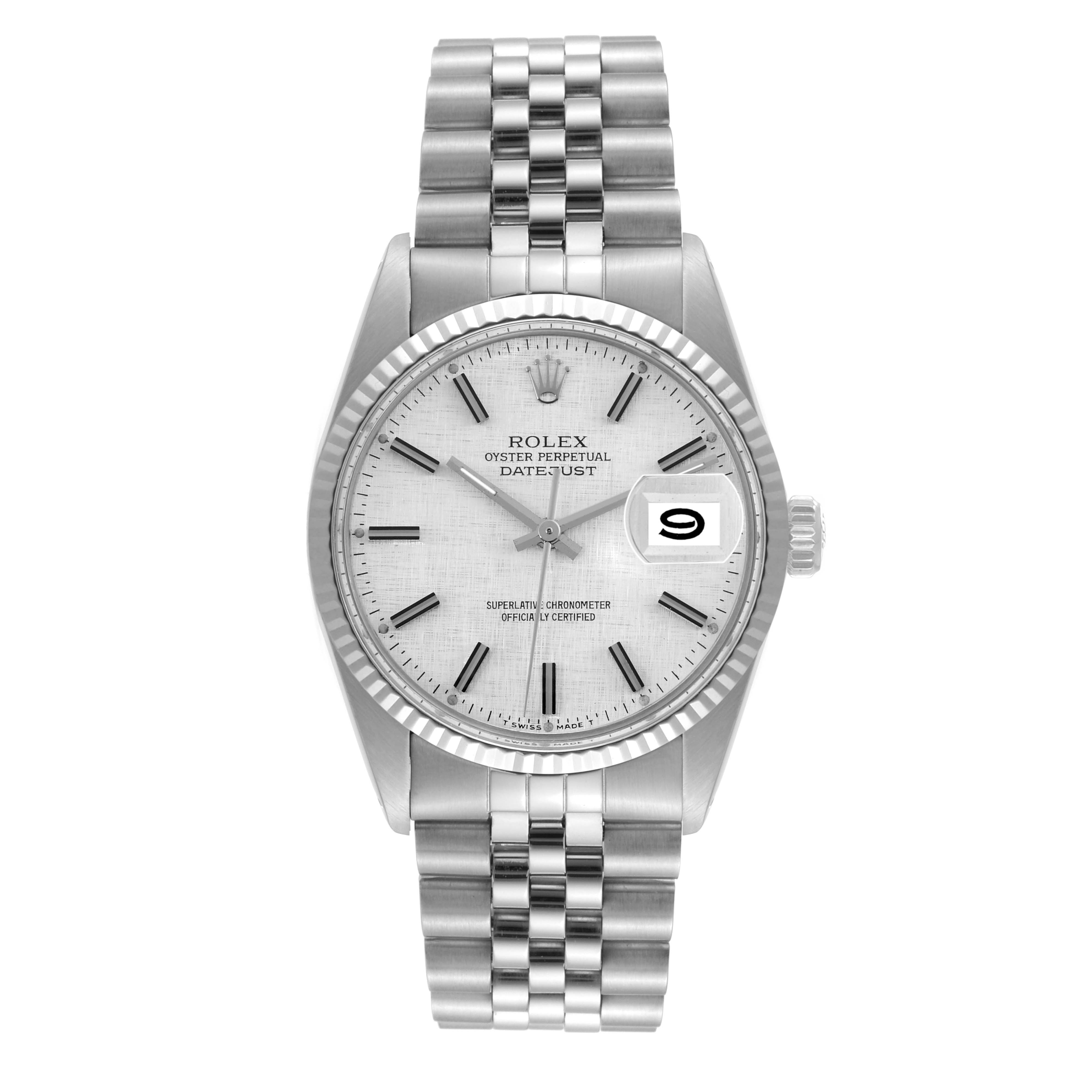 This image shows a front view of the Rolex Vintage Collection 16014 Men's Stainless Steel Silver Dial 16014 Men's Stainless Steel Silver Dial Oyster Perpetual Datejust watch with a silver dial and Jubilee bracelet.