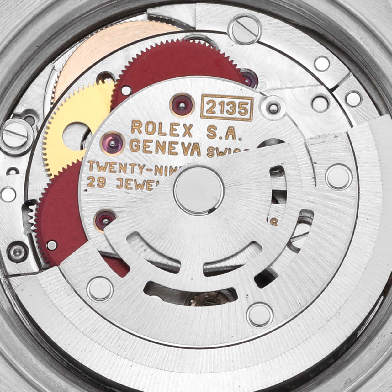The image shows the movement of a Rolex Datejust 69173 Women's Steel and Gold (two tone) Champagne Dial 69173 Women's Steel and Gold (two tone) Champagne Dial watch, highlighting gears and components from a top-down perspective.