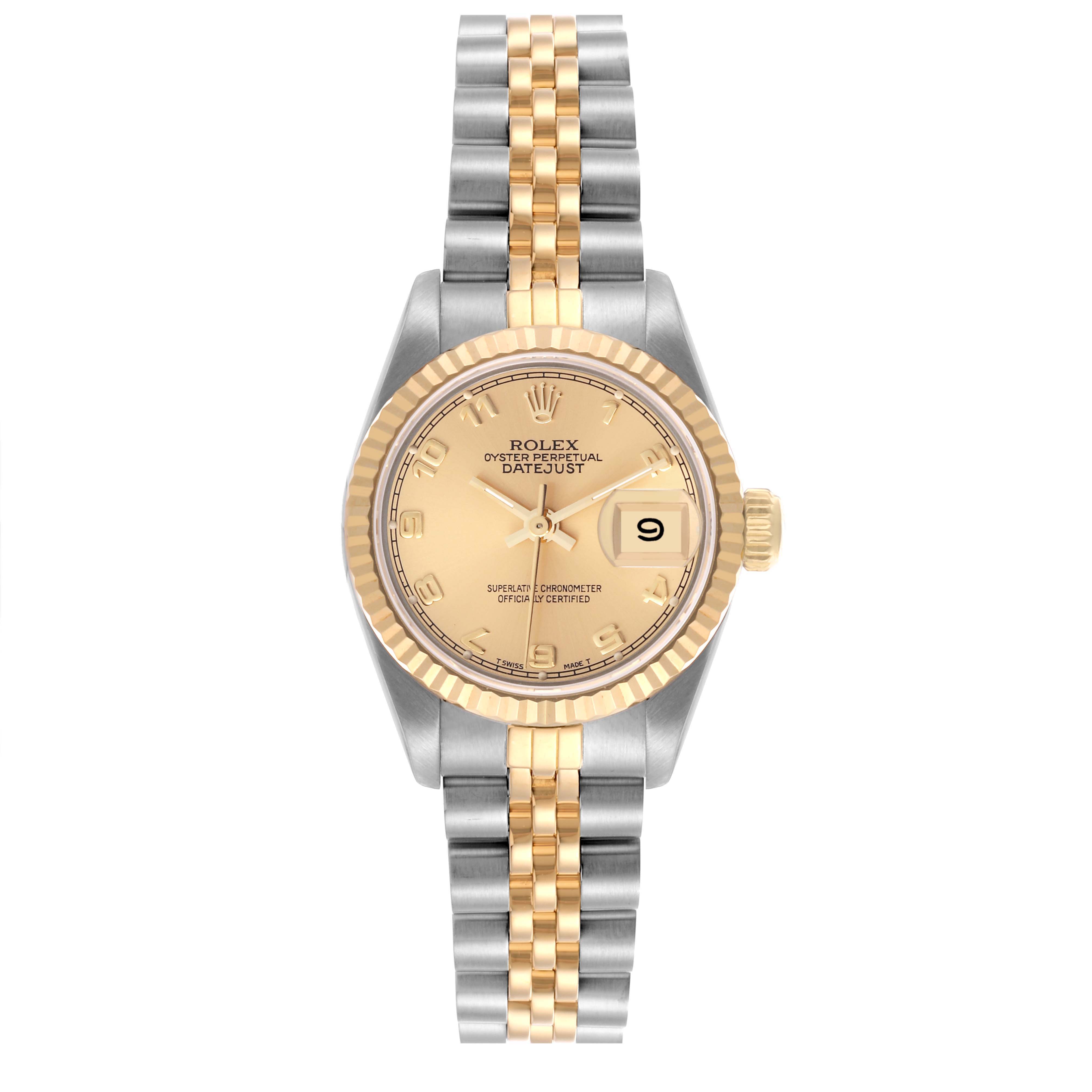 The Rolex Datejust 69173 Women's Steel and Gold (two tone) Champagne Dial 69173 Women's Steel and Gold (two tone) Champagne Dial watch is shown from a top view, highlighting the dial, bezel, bracelet, and crown.