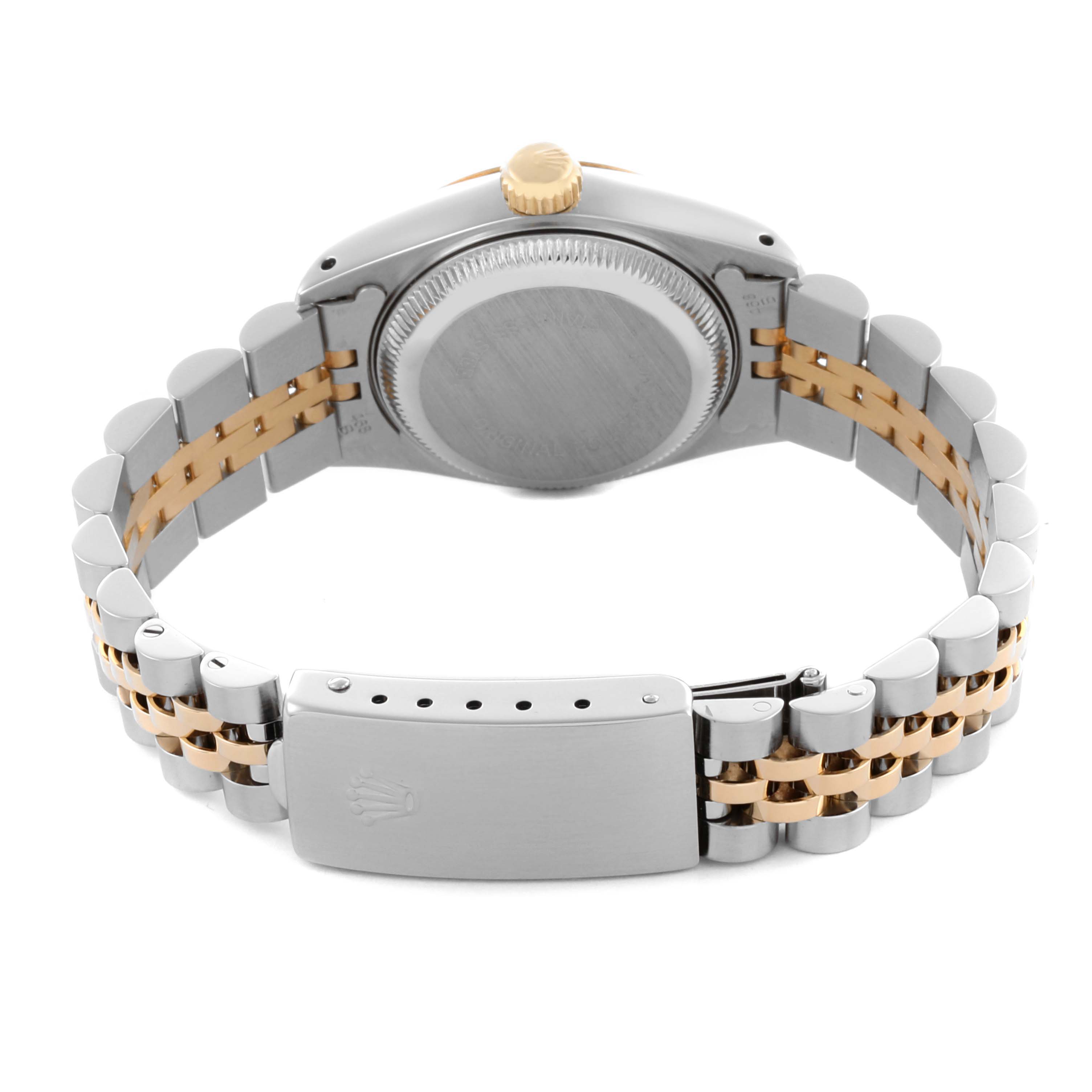 The image shows the back view of a Rolex Datejust 69173 Women's Steel and Gold (two tone) Champagne Dial 69173 Women's Steel and Gold (two tone) Champagne Dial watch, focusing on the case back, bracelet, and clasp.