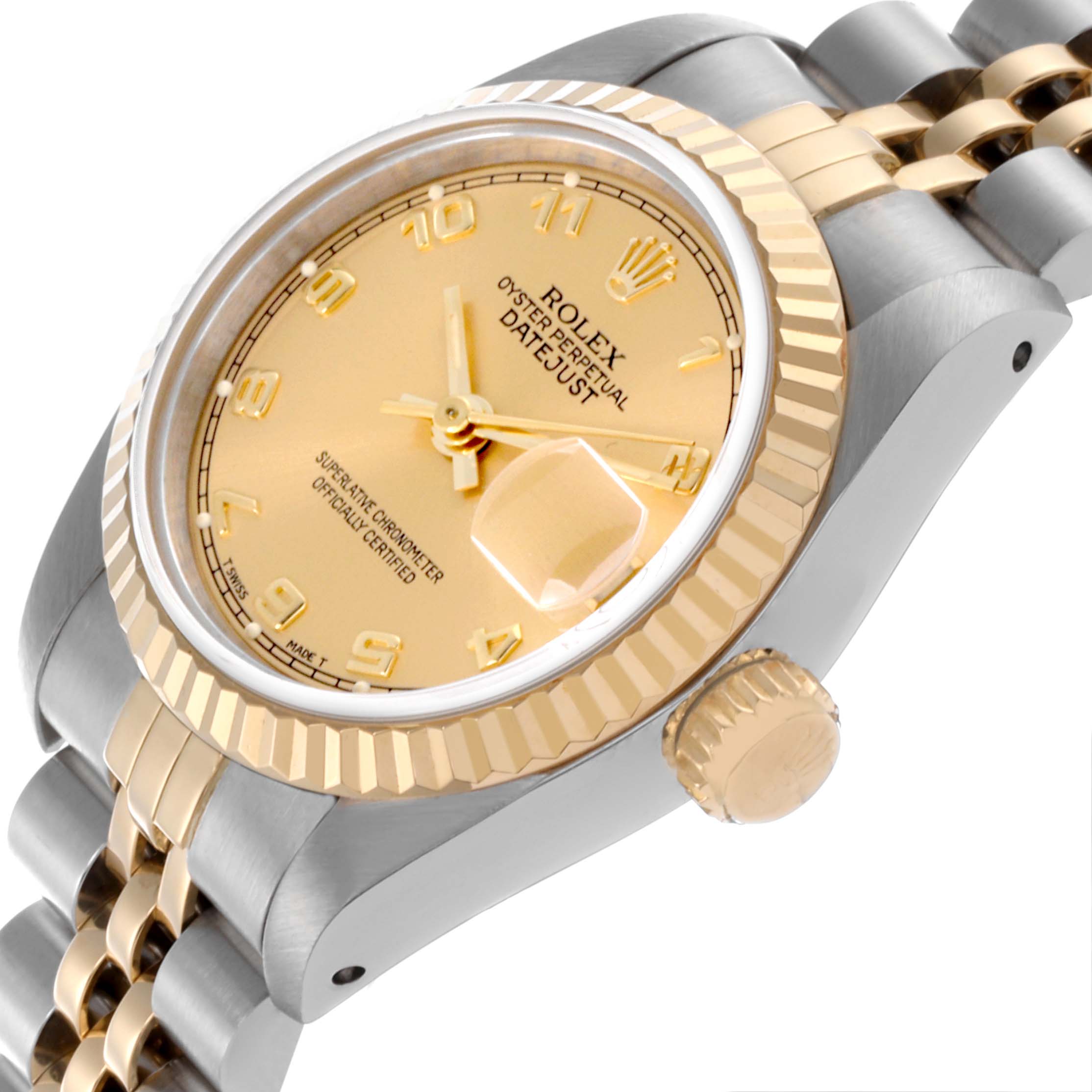 The Rolex Datejust 69173 Women's Steel and Gold (two tone) Champagne Dial 69173 Women's Steel and Gold (two tone) Champagne Dial watch is shown at a tilted angle, highlighting its gold dial, fluted bezel, crown, and Jubilee bracelet.