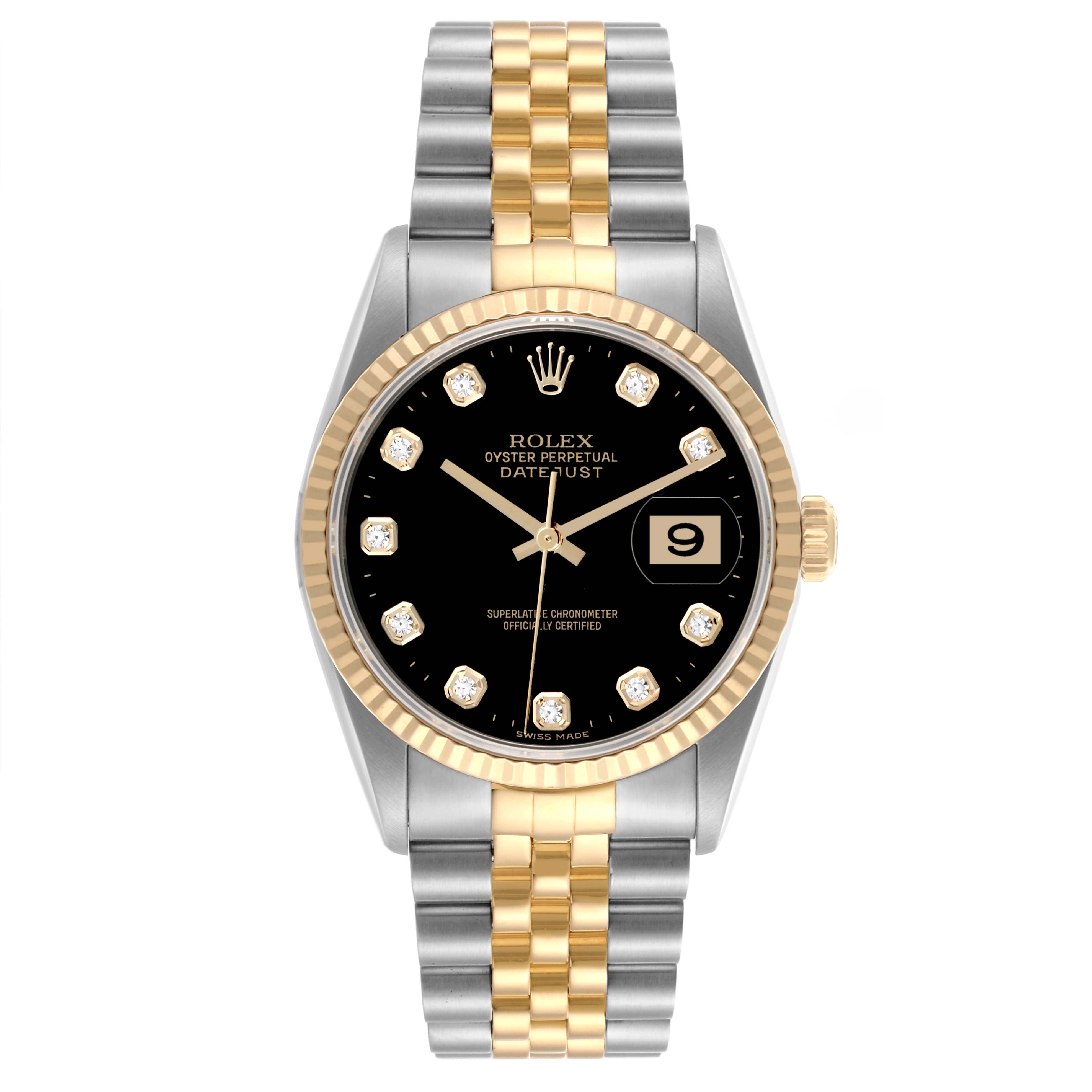 The Rolex Datejust 16233 Men's Steel and Gold (two tone) Black Dial 16233 Men's Steel and Gold (two tone) Black Dial watch is shown from the front, displaying its dial, fluted bezel, and two-tone bracelet.