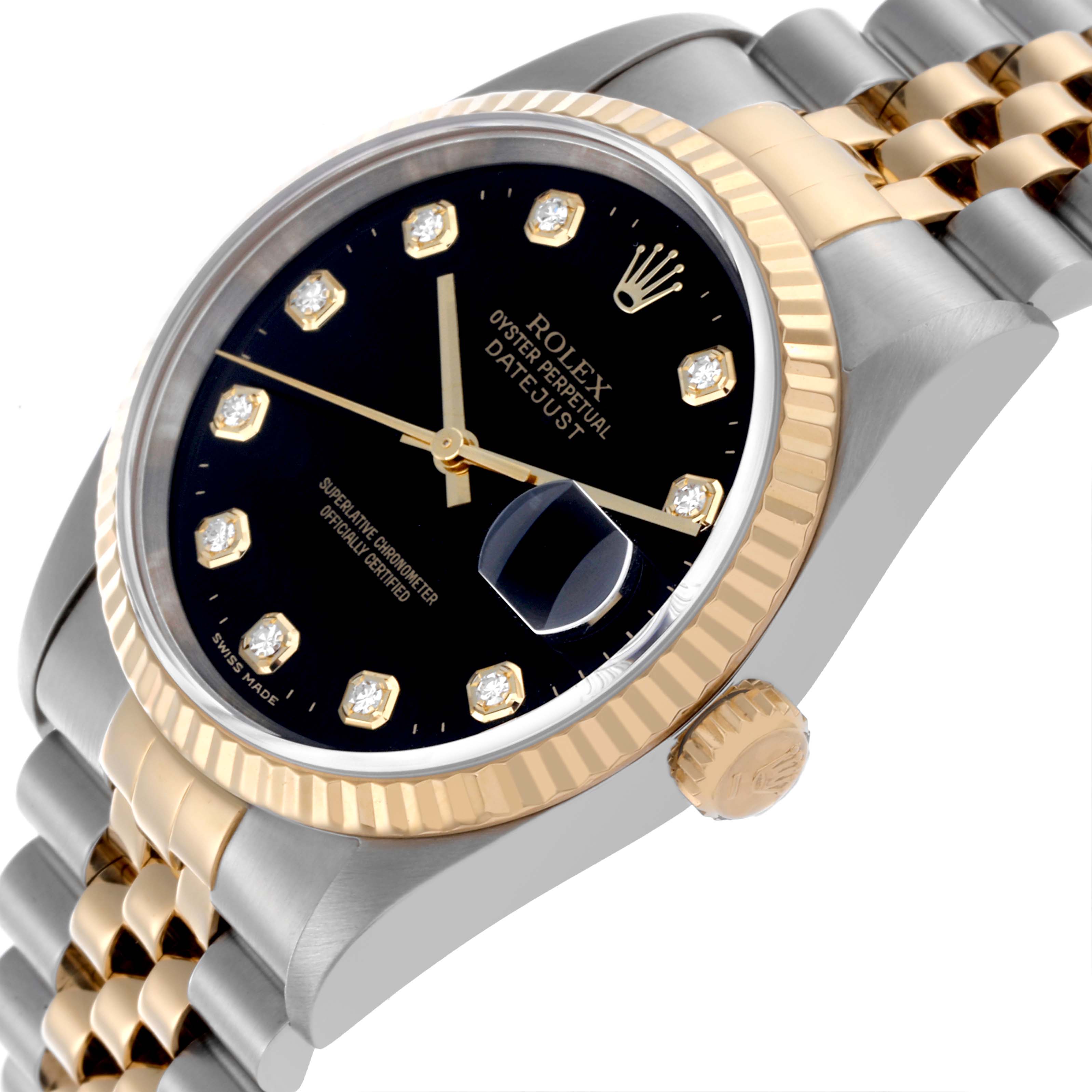 The Rolex Datejust 16233 Men's Steel and Gold (two tone) Black Dial 16233 Men's Steel and Gold (two tone) Black Dial watch is shown at an angled view highlighting the dial, crown, bezel, and two-tone bracelet.