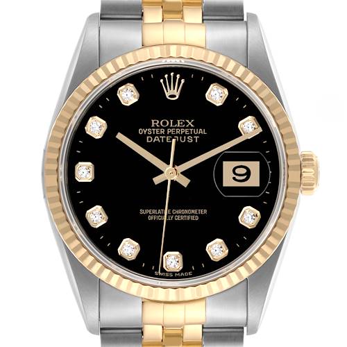 The Rolex Datejust watch is shown from a front angle, highlighting its black dial, gold hands, and date window.