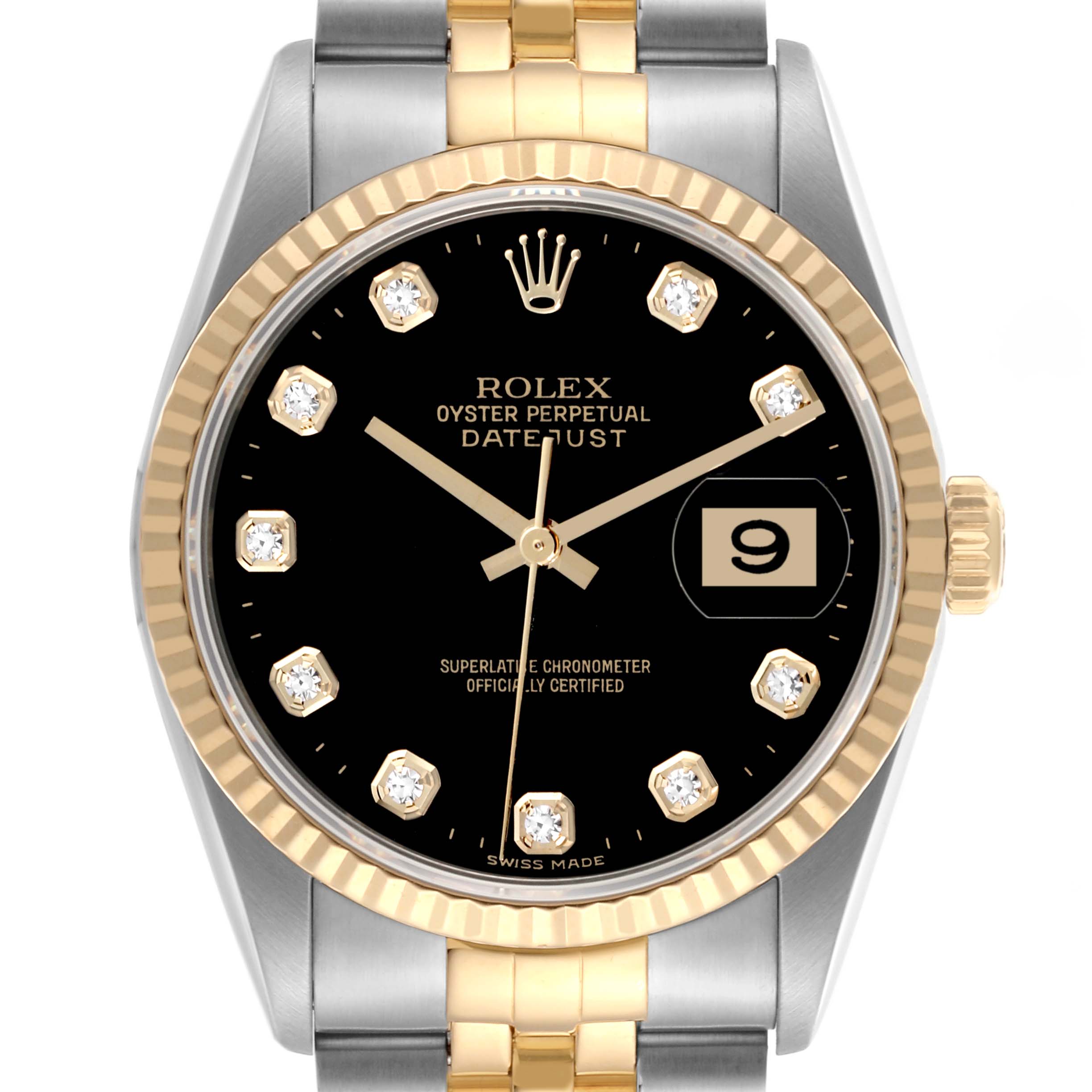 The Rolex Datejust 16233 Men's Steel and Gold (two tone) Black Dial 16233 Men's Steel and Gold (two tone) Black Dial watch is shown from the front, highlighting its black dial, diamond markers, gold bezel, and part of the two-tone bracelet.