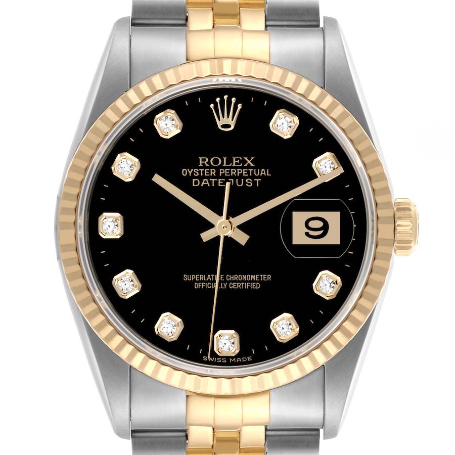 The Rolex Datejust watch is shown from the front, highlighting its black dial, diamond markers, gold bezel, and part of the two-tone bracelet.