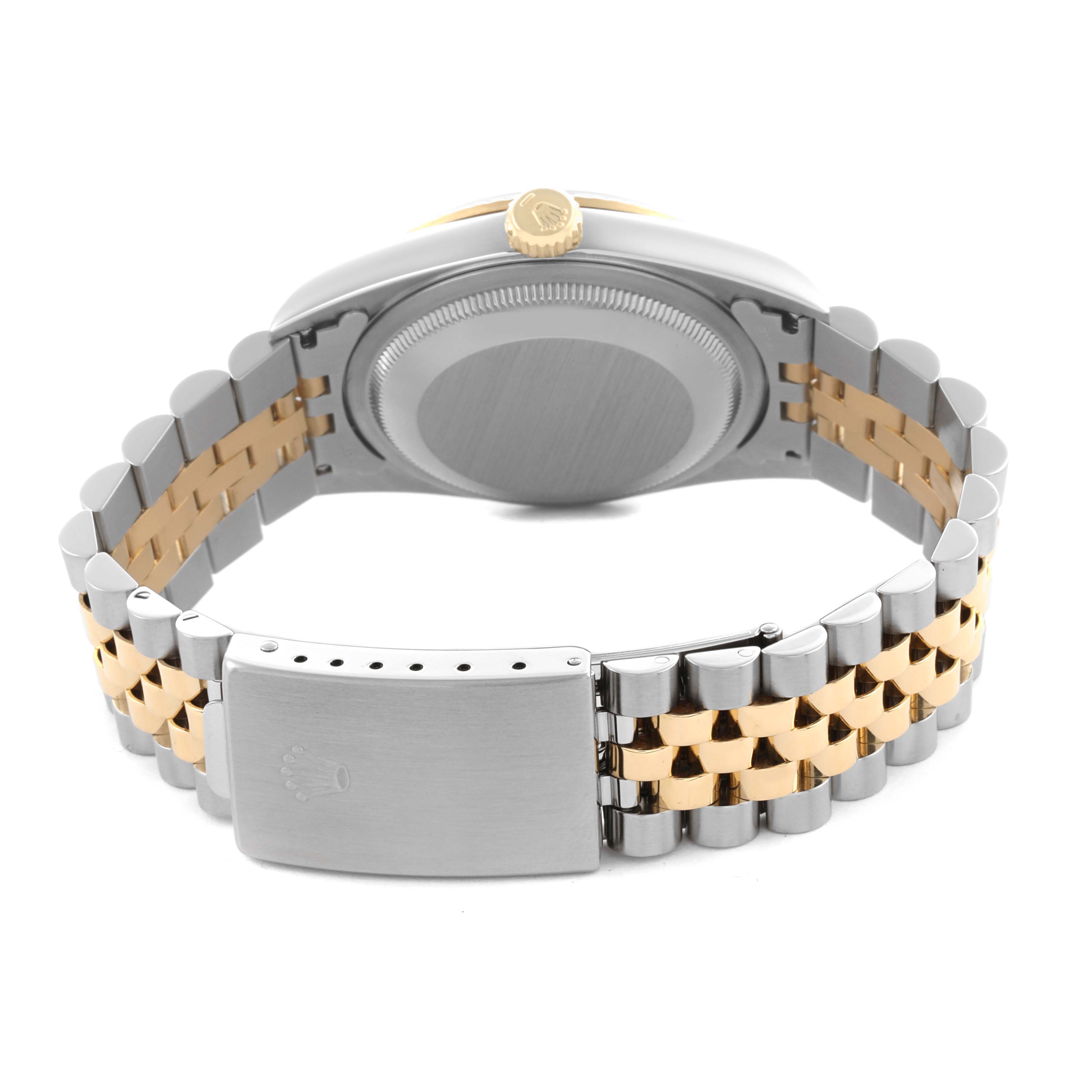 The image shows the back of a Rolex Datejust 16233 Men's Steel and Gold (two tone) Black Dial 16233 Men's Steel and Gold (two tone) Black Dial watch, highlighting the case back, jubilee bracelet, and clasp.