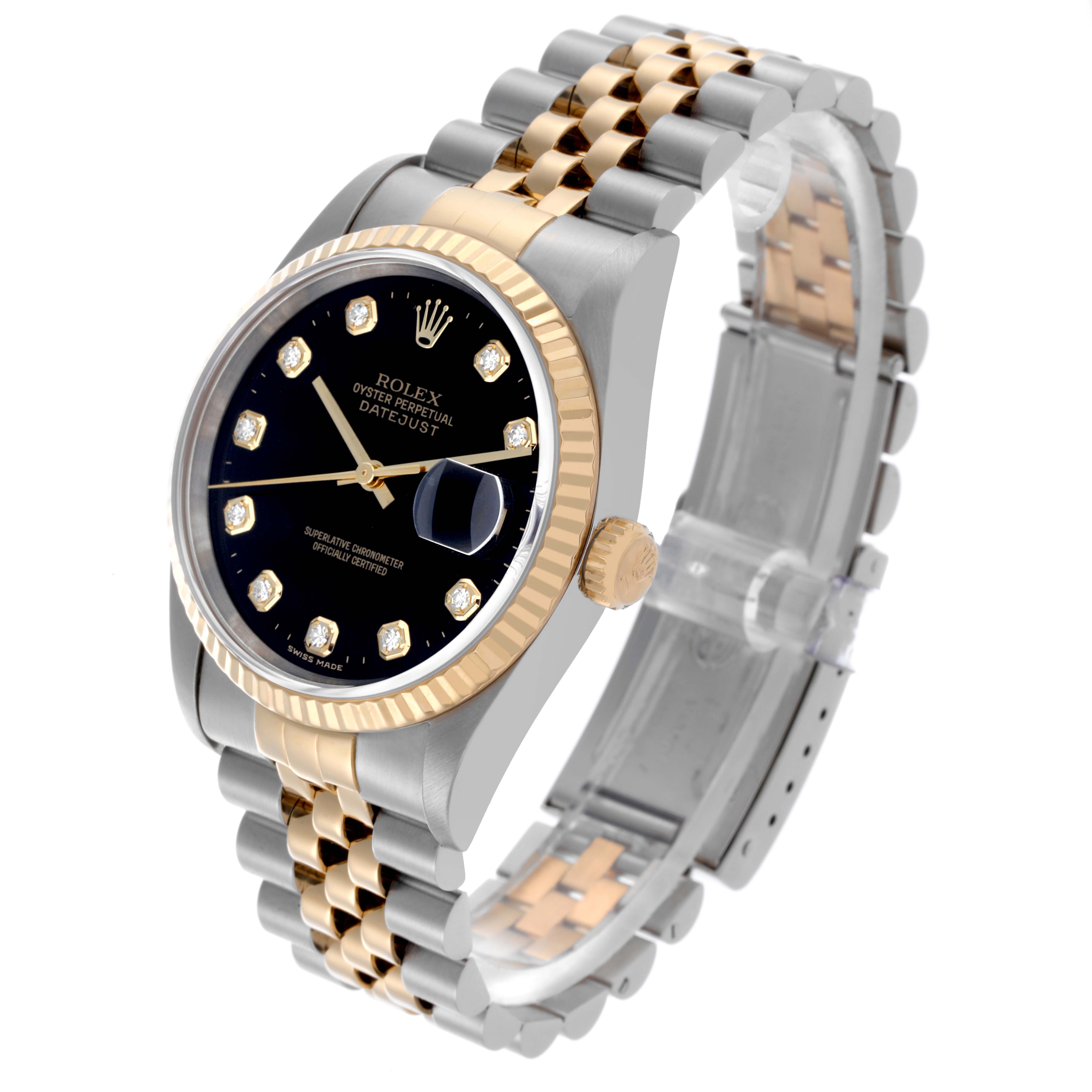 This Rolex Datejust 16233 Men's Steel and Gold (two tone) Black Dial 16233 Men's Steel and Gold (two tone) Black Dial watch is shown at a three-quarter angle, highlighting the face, bezel, crown, and two-tone bracelet.