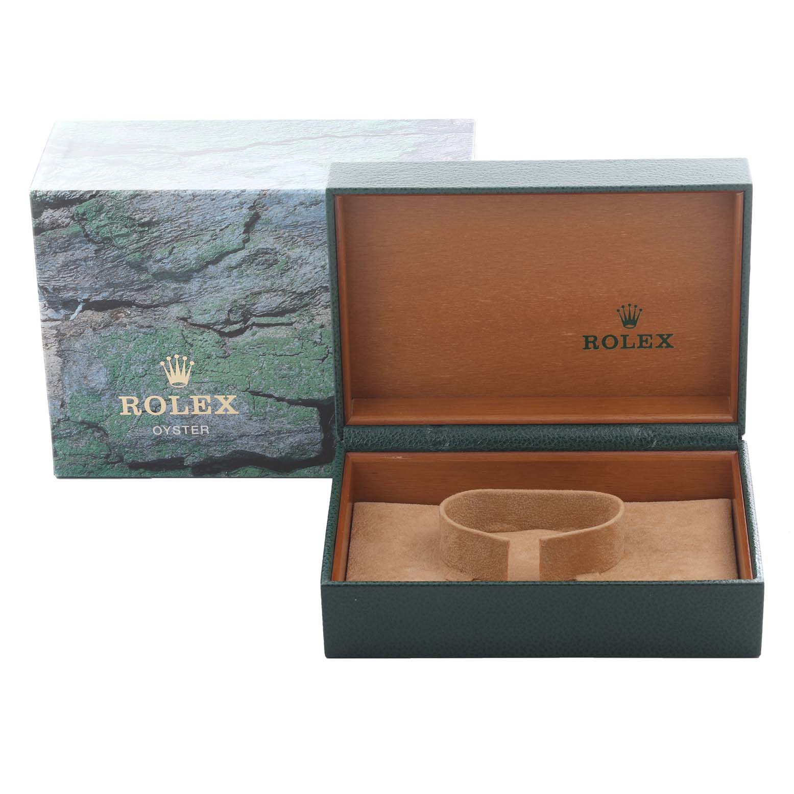 The image shows the open box and packaging for a Rolex Datejust 16233 Men's Steel and Gold (two tone) Black Dial 16233 Men's Steel and Gold (two tone) Black Dial, with the brand logo visible inside.