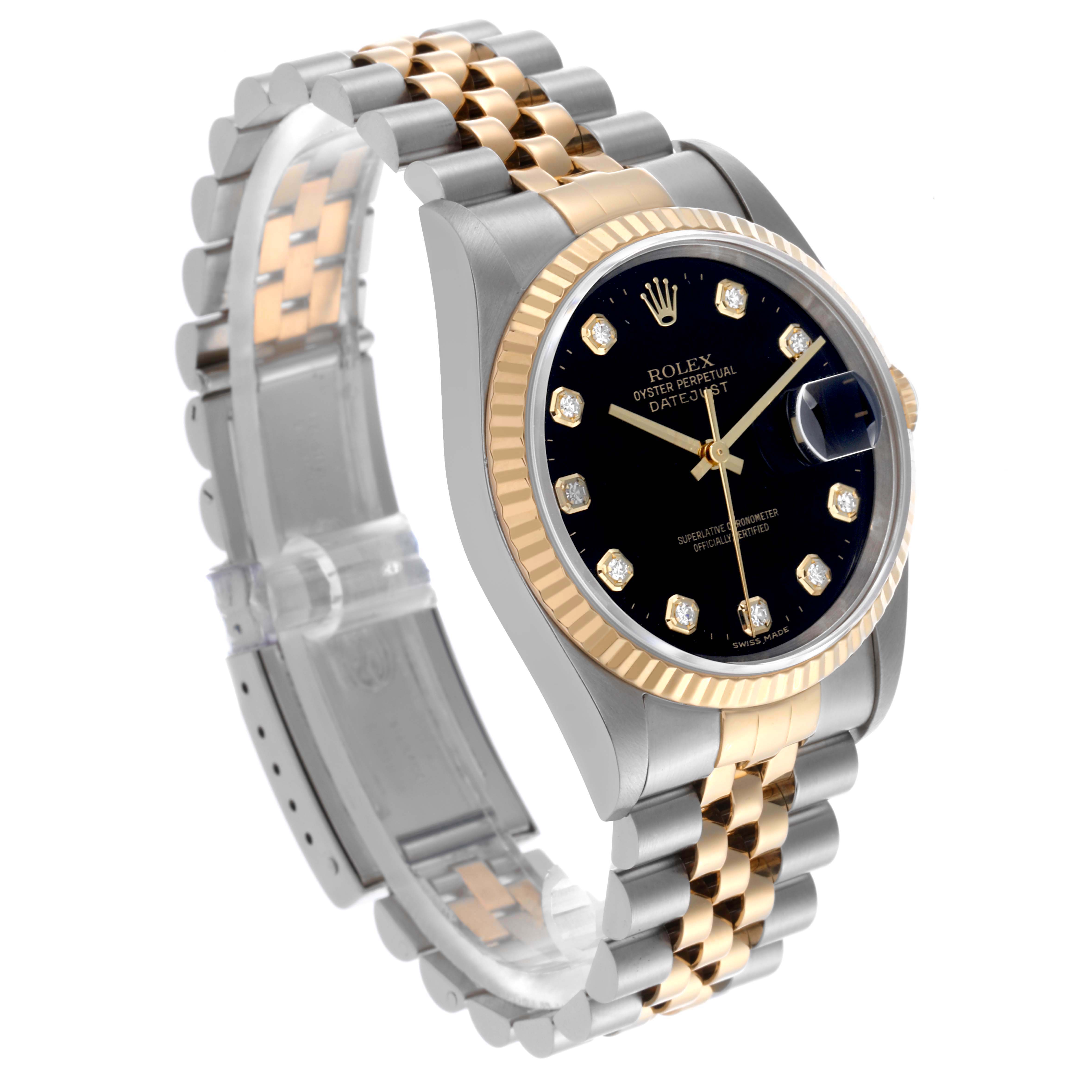 The Rolex Datejust 16233 Men's Steel and Gold (two tone) Black Dial 16233 Men's Steel and Gold (two tone) Black Dial watch is shown at an angled view highlighting its two-tone bracelet, fluted bezel, and black dial with diamond markers.